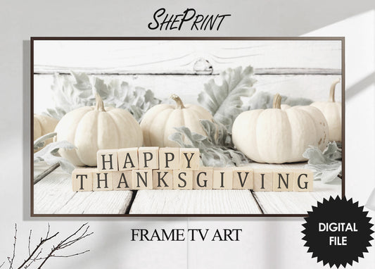 White Pumpkins Samsung Frame TV Art | Thanksgiving Fall Art | Happy Thanksgiving Wooden Blocks Modern Farmhouse Art | Digital TV Art | Instant Download