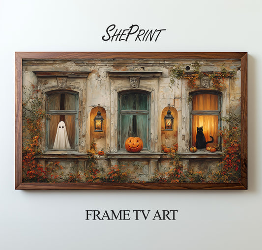 Halloween Frame TV Art, Haunted House, Spooky Windows preview on screen
