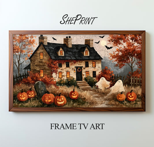 Cute Halloween Haunted House TV Art, Cozy Autumn Home Decor | Digital Download