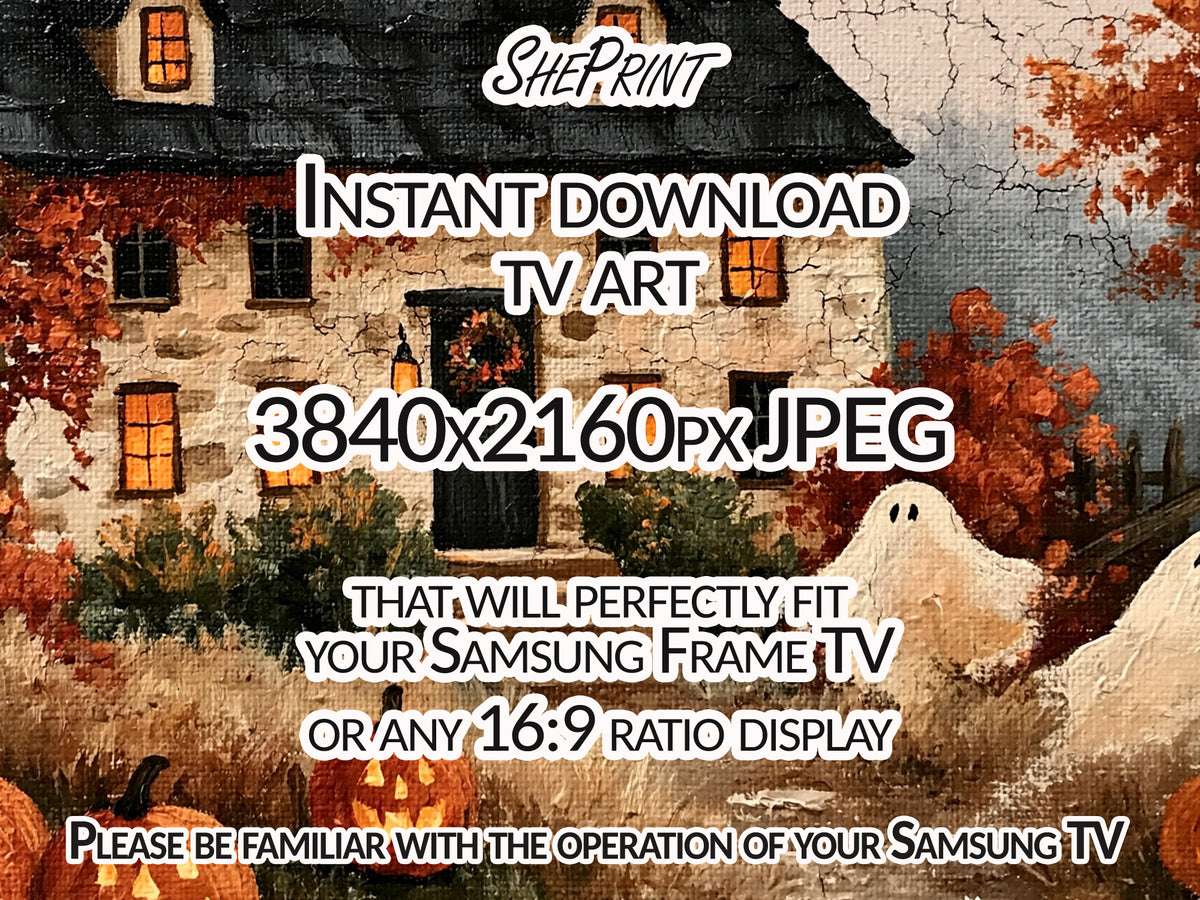 Cute Halloween Haunted House TV Art, Cozy Autumn Home Decor | Digital Download close up view