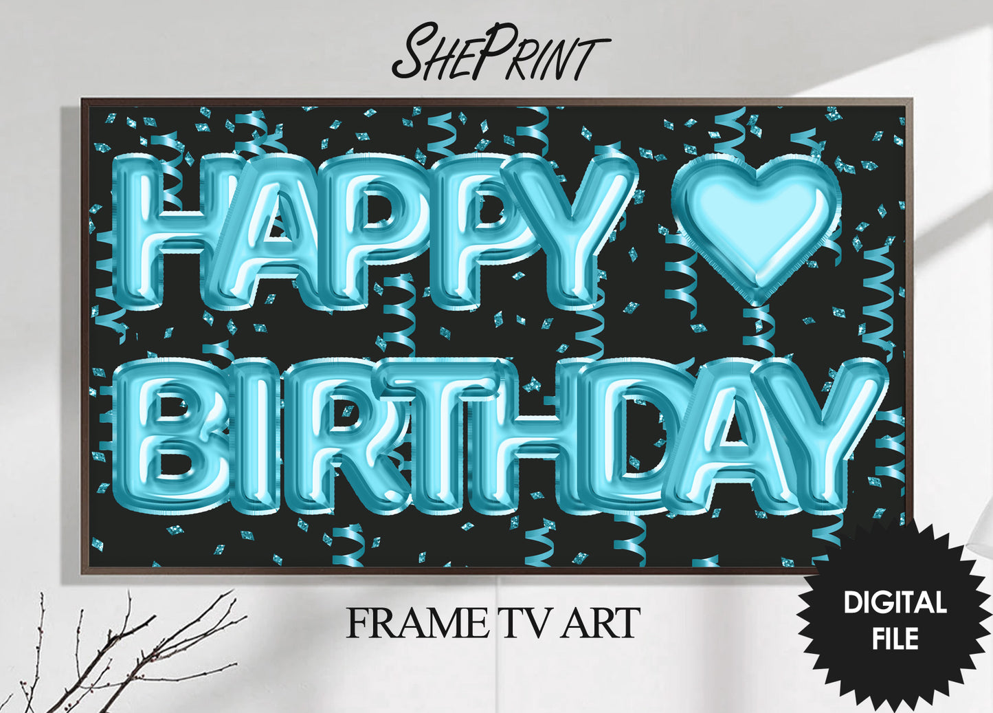 Birthday Frame TV Art, Happy Birthday Blue Foil Balloons preview on samsung frame tv