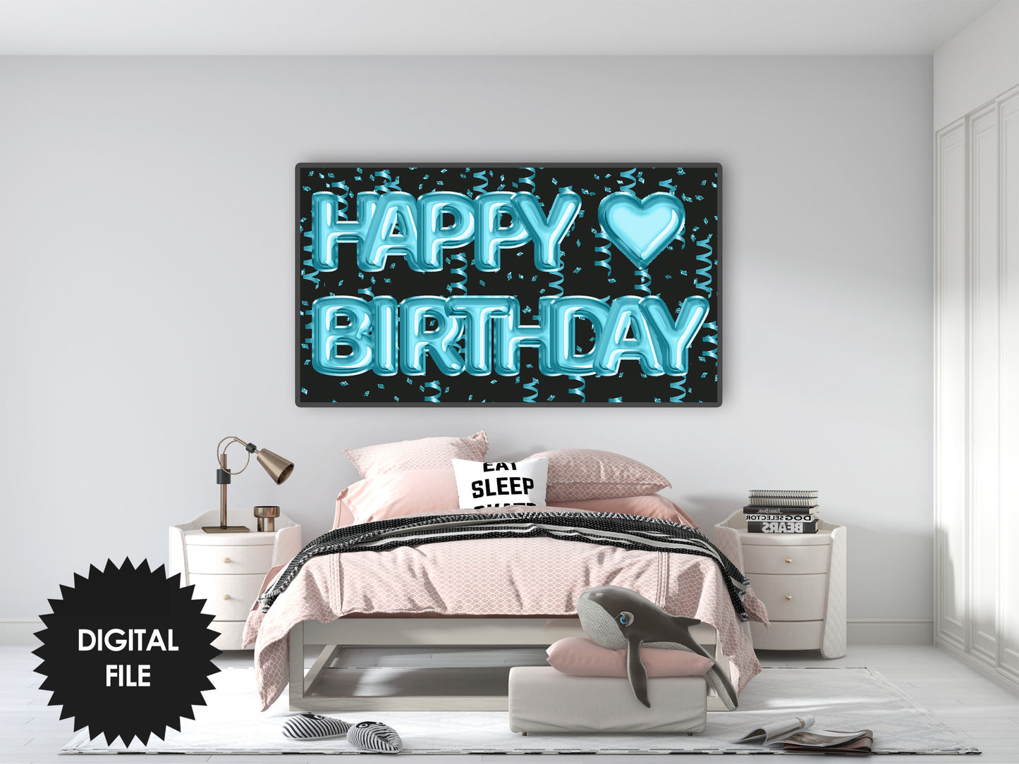 Birthday Frame TV Art, Happy Birthday Blue Foil Balloons preview in kids bedroom