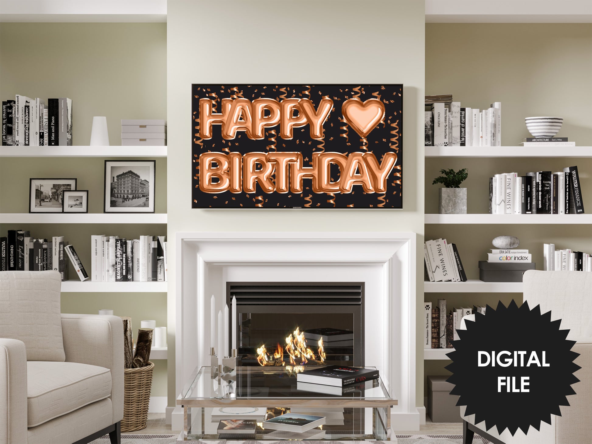 Birthday Frame TV Art, Happy Birthday Bronze Foil Balloons preview in modern living room