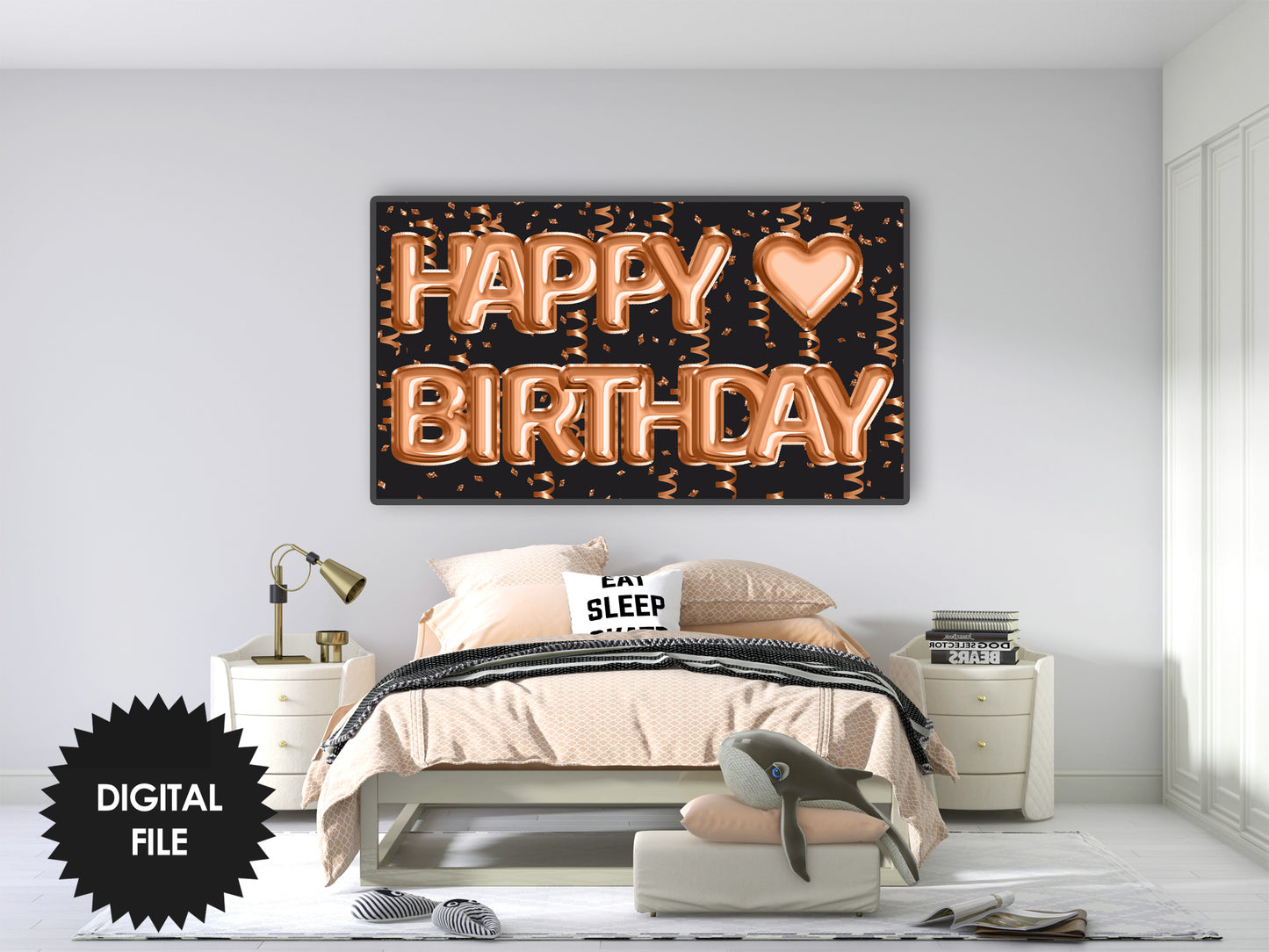 Birthday Frame TV Art, Happy Birthday Bronze Foil Balloons preview in kids bedroom