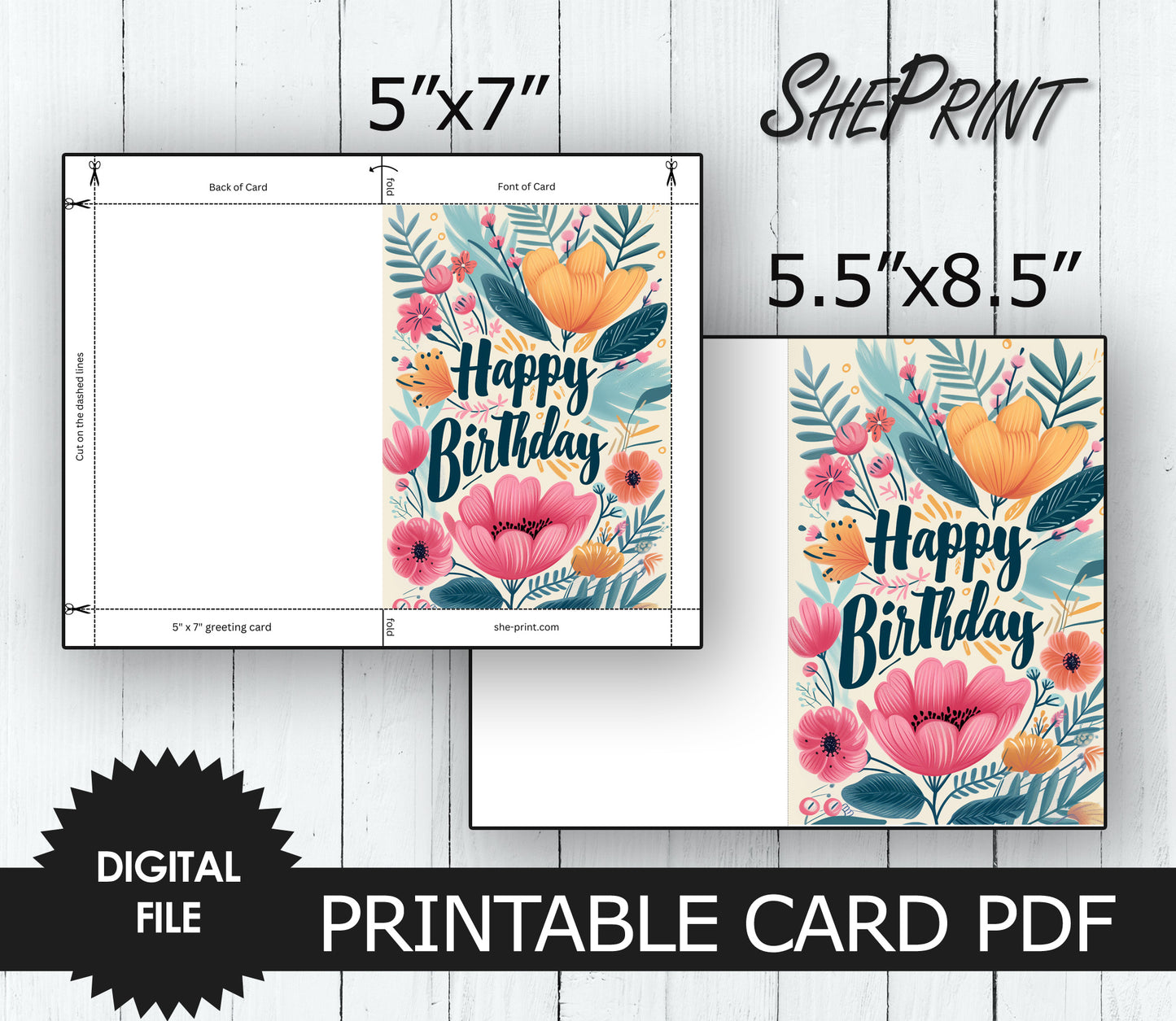 Printable Happy Birthday Card, Floral Design, Two Sizes 5"x7" and 5.5"x8.5" preview template