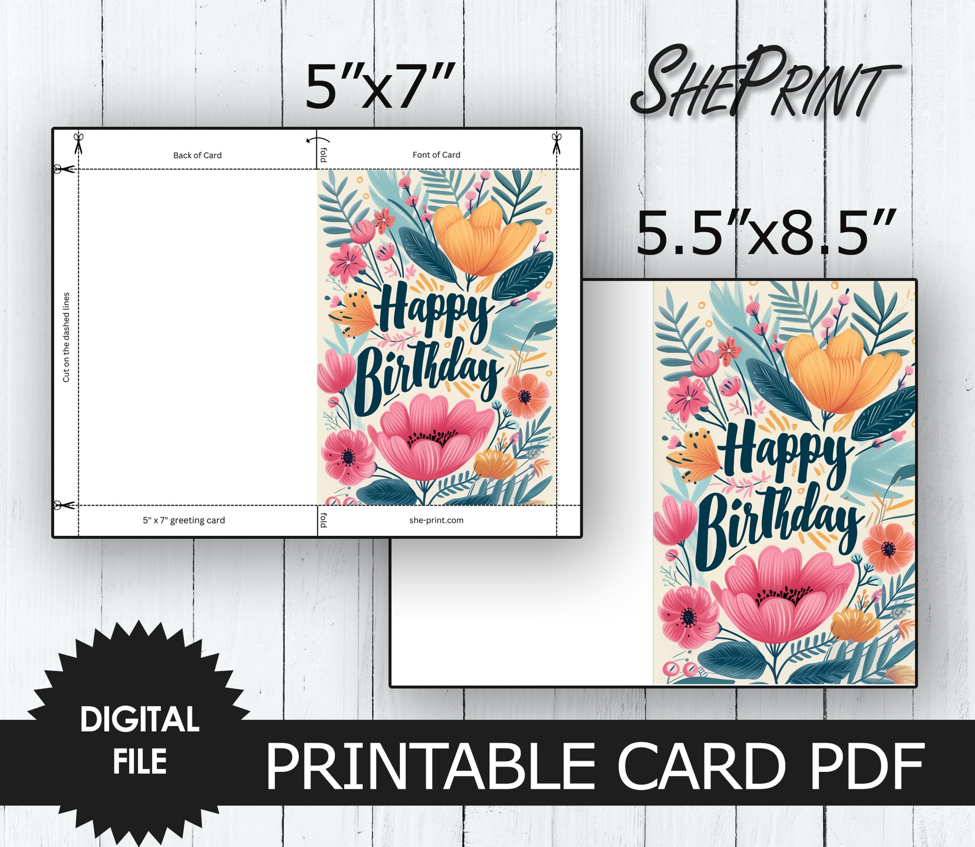 Printable Happy Birthday Card, Floral Design, Two Sizes 5"x7" and 5.5"x8.5" preview template
