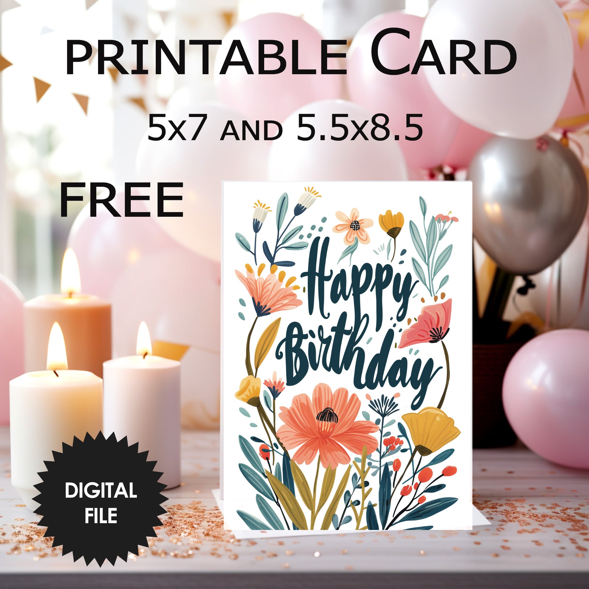 Printable Happy Birthday Card, Floral Design, free