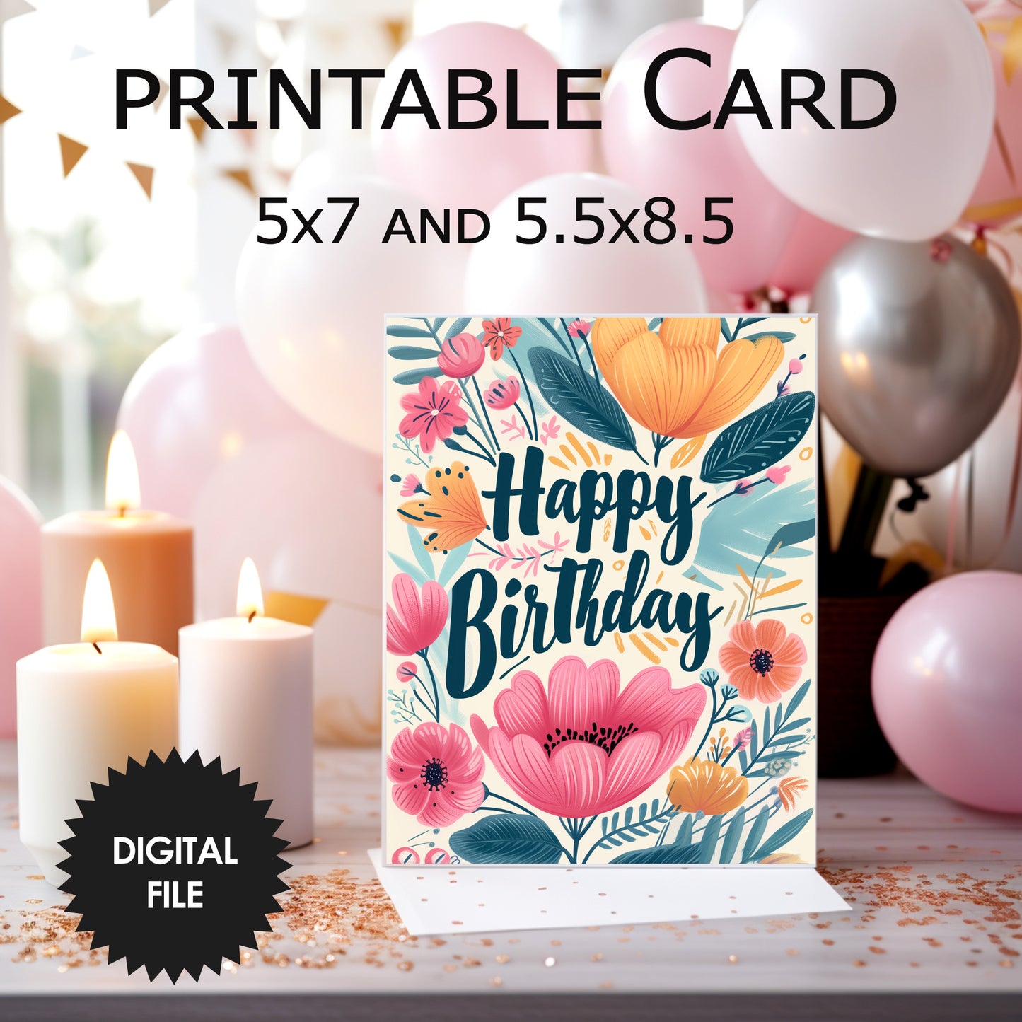 Printable Happy Birthday Card, Floral Design, Two Sizes 5"x7" and 5.5"x8.5"