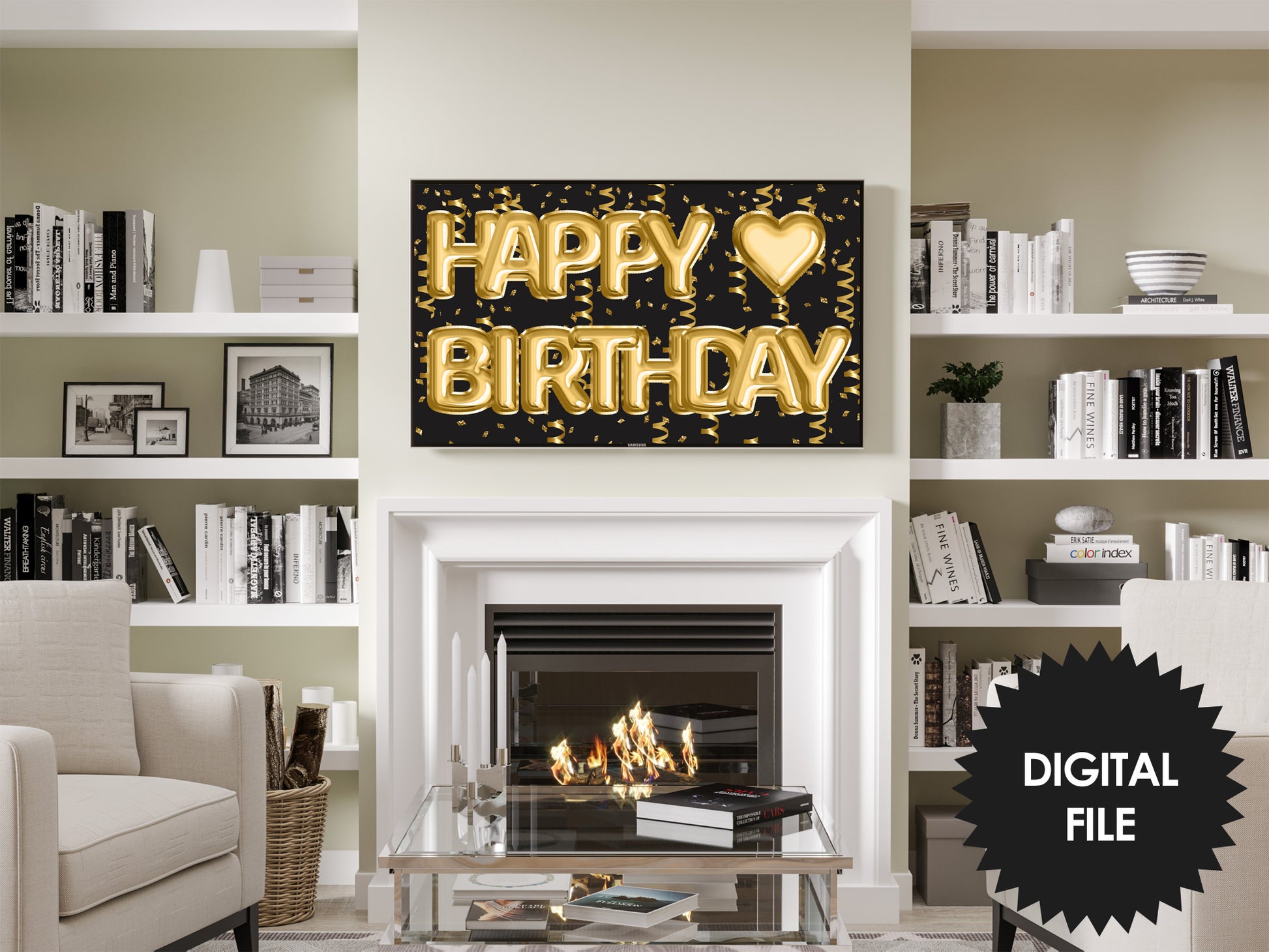 Birthday Frame TV Art, Happy Birthday Gold Foil Balloons preview in modern living room