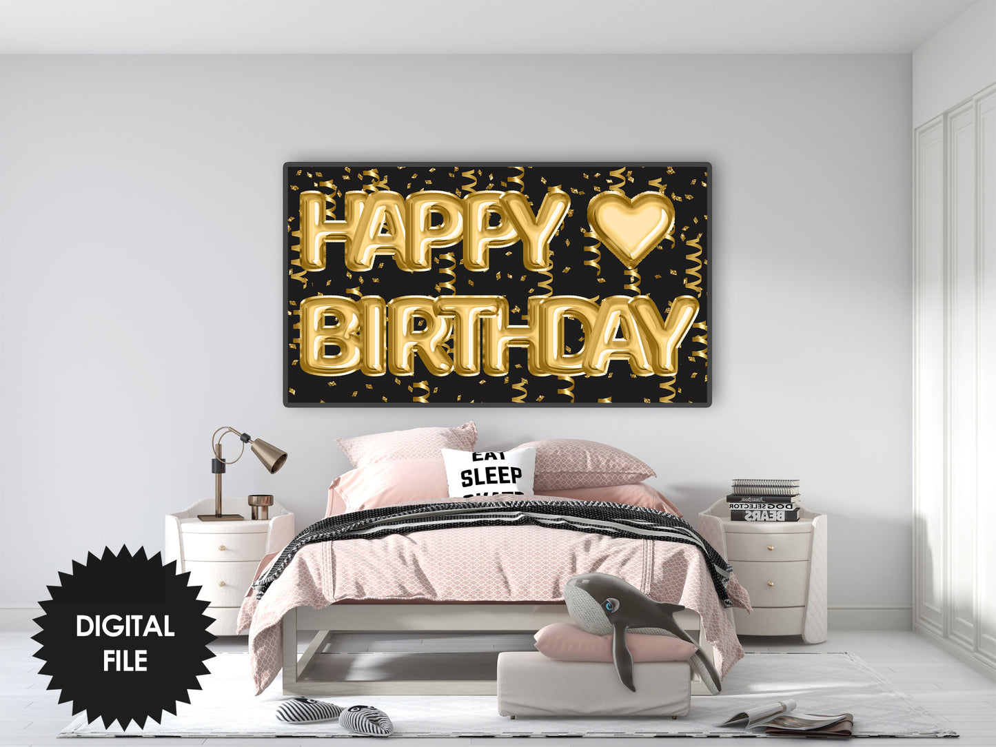 Birthday Frame TV Art, Happy Birthday Gold Foil Balloons preview in modern bedroom