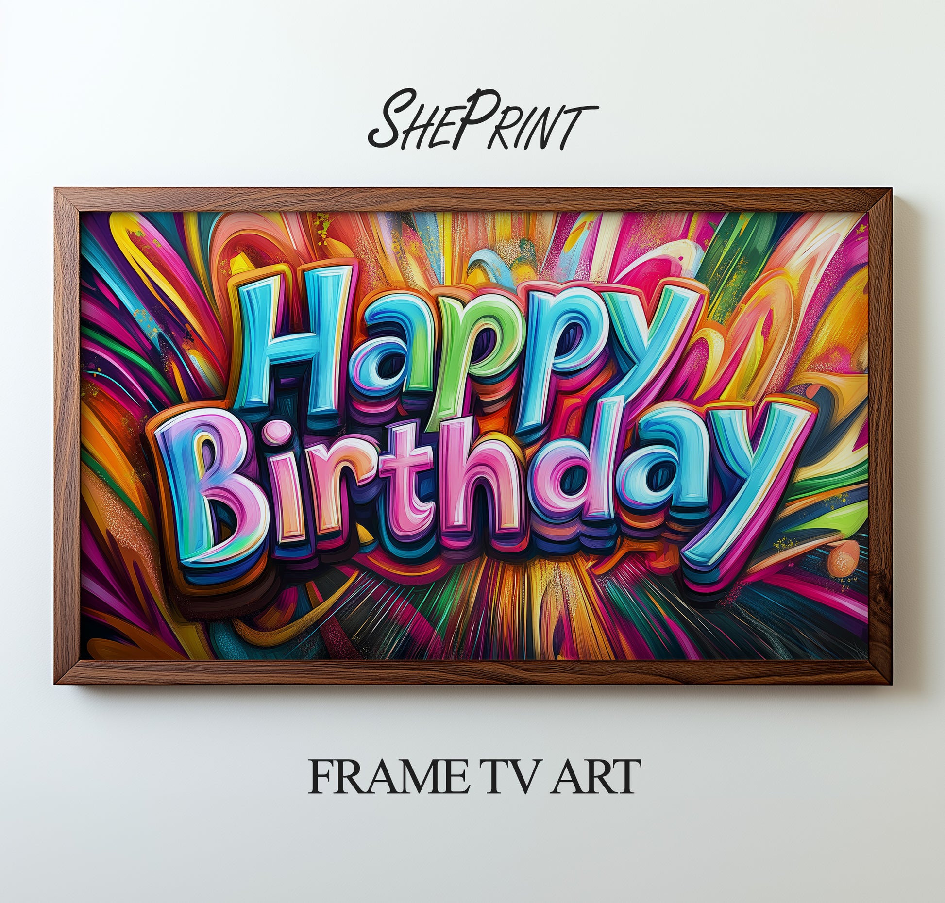 Samsung Frame TV Art Happy Birthday Colorful Graffiti Style, 3D preview with wood frame