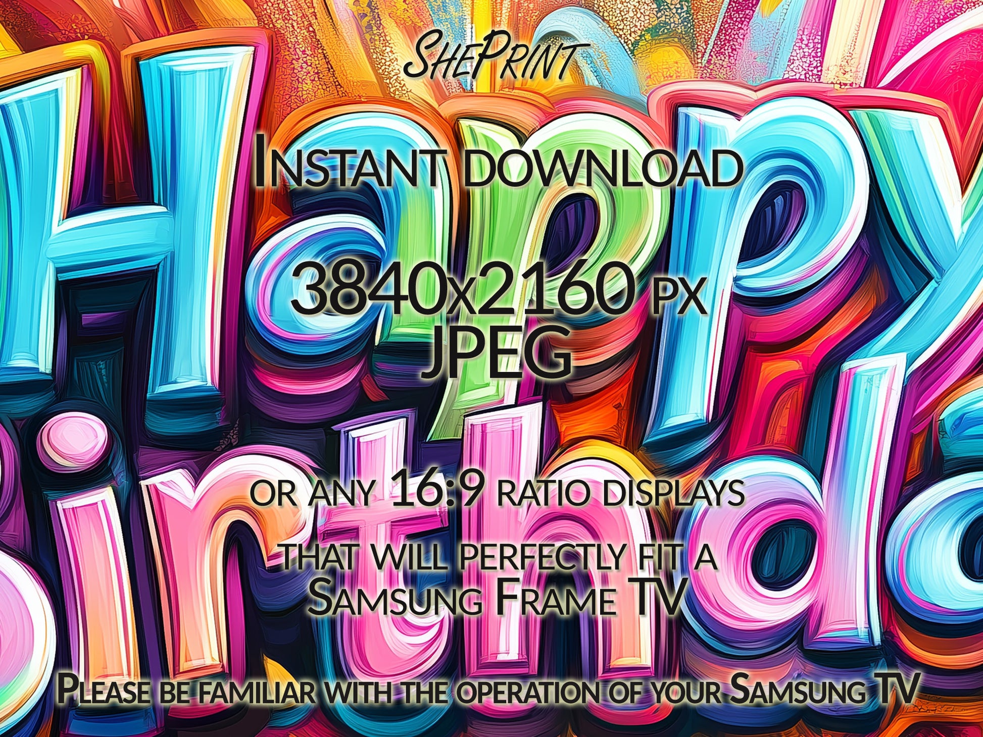 Samsung Frame TV Art Happy Birthday Colorful Graffiti Style, 3D close up view