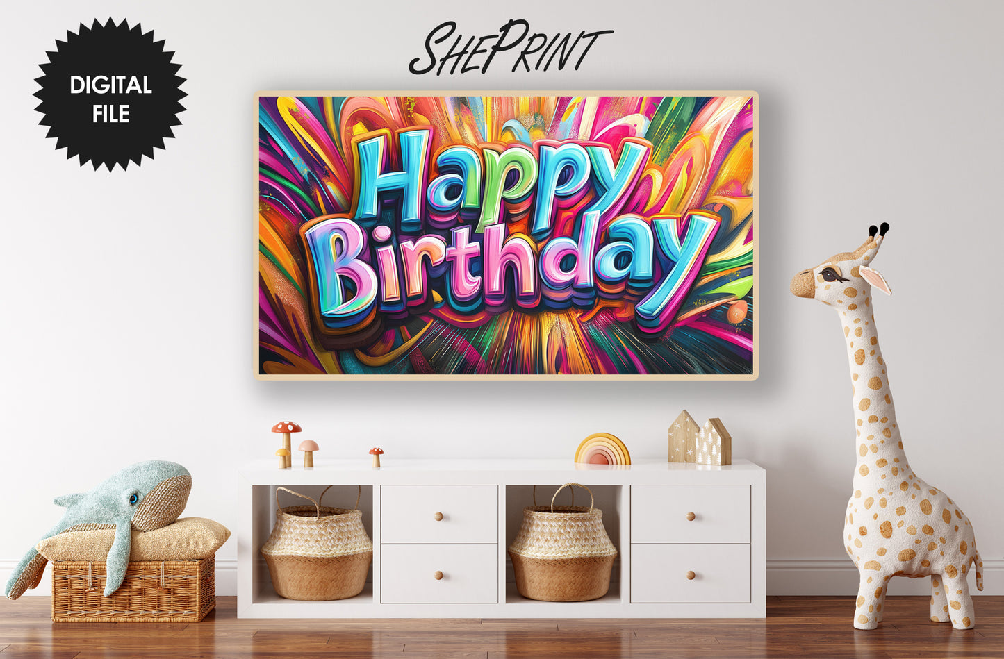 Samsung Frame TV Art Happy Birthday Colorful Graffiti Style, 3D in kids room preview