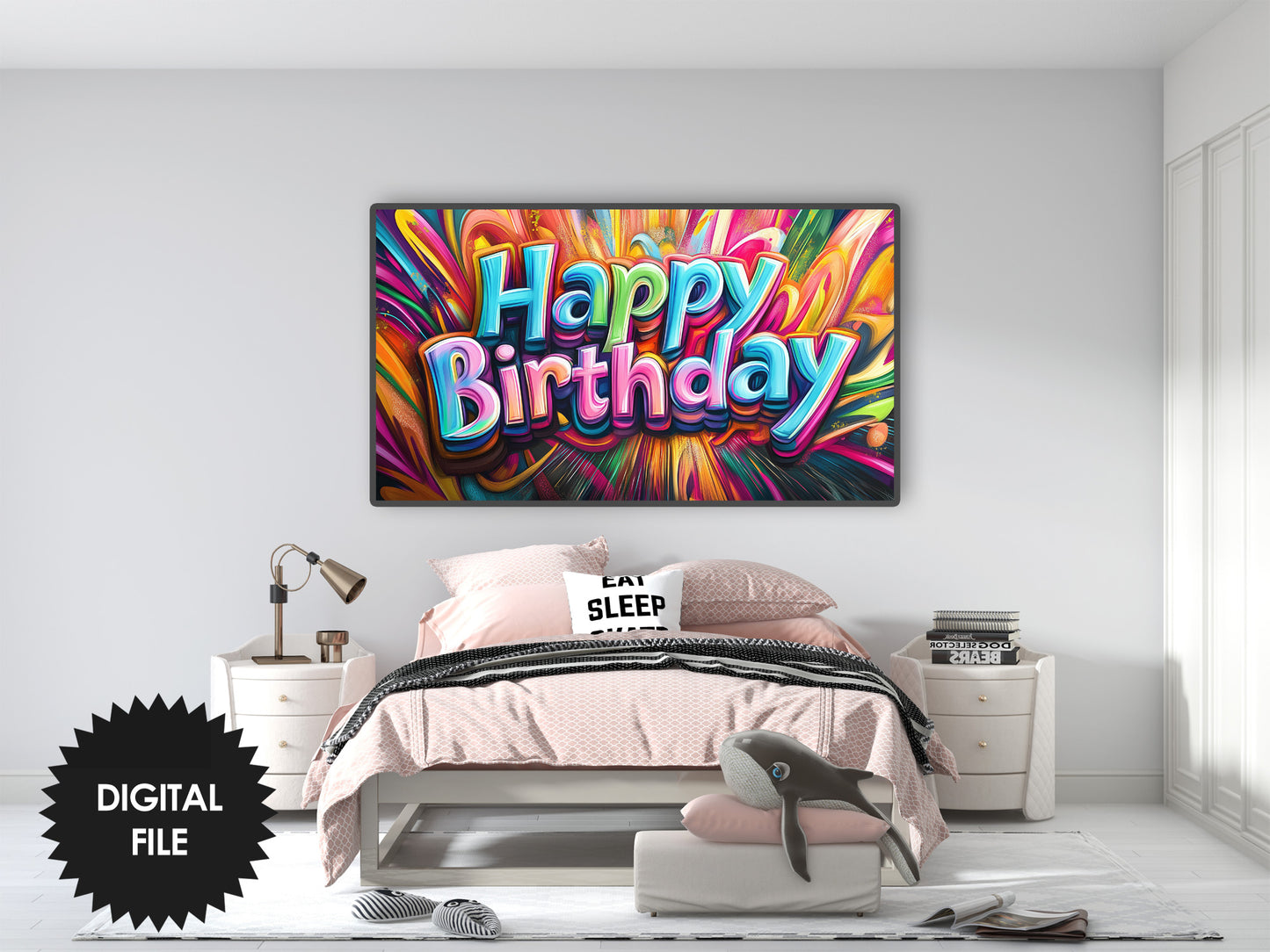 Samsung Frame TV Art Happy Birthday Colorful Graffiti Style, 3D in teen room preview