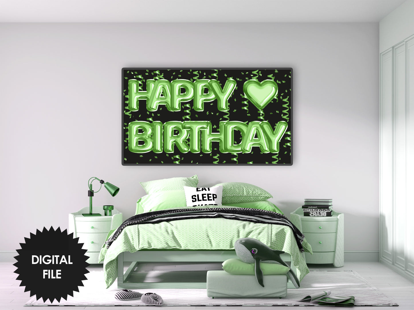 Birthday Frame TV Art, Happy Birthday Green Foil Balloons in kids bedroom