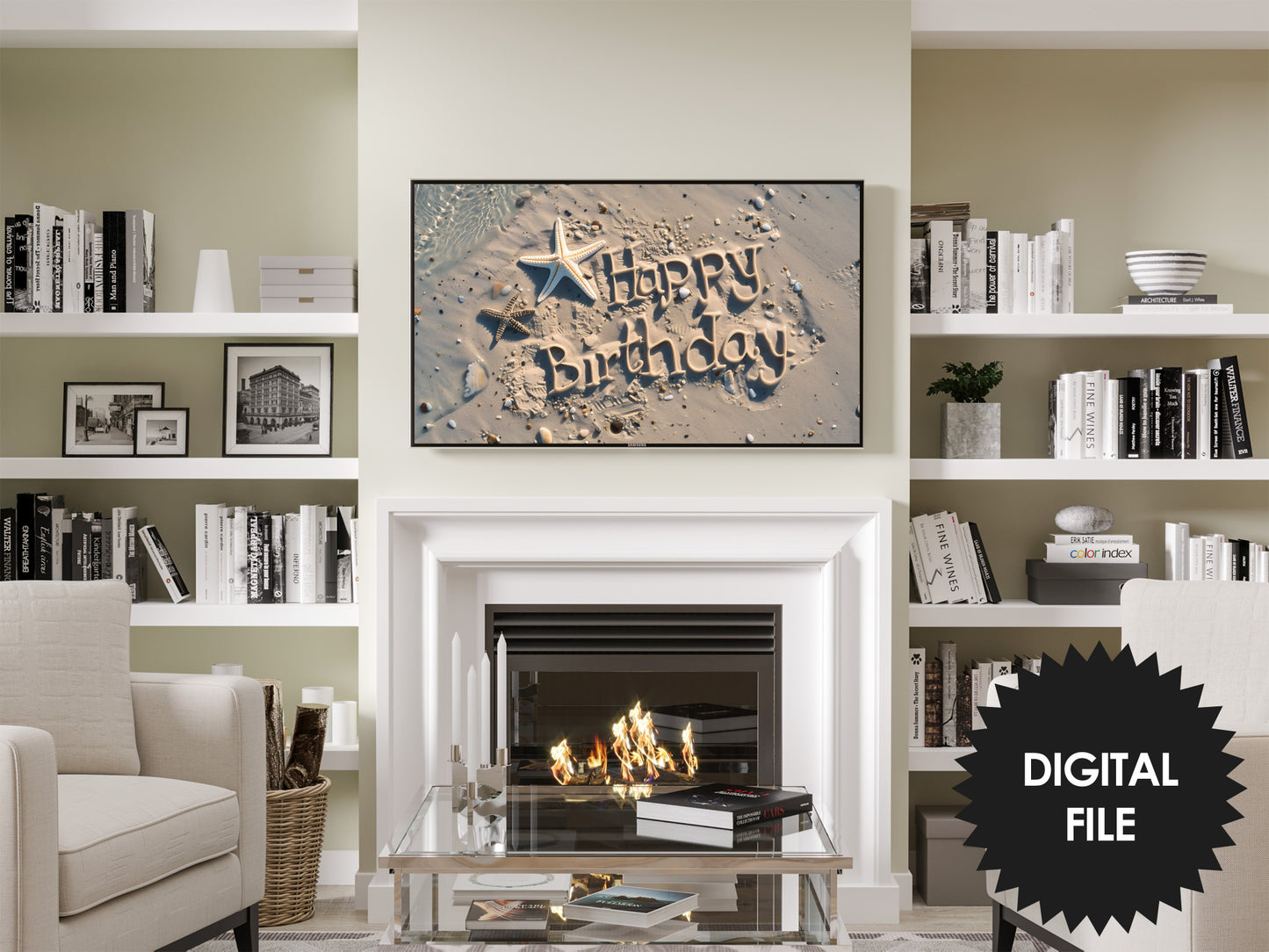 Samsung Frame TV Art | Happy Birthday Written on Sand preview in modern living room