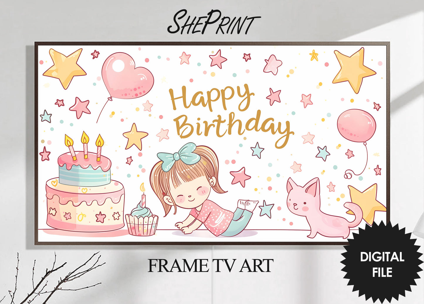  Happy Birthday Cute Pastel Art For Girls preview on Samsing Frame Tv 