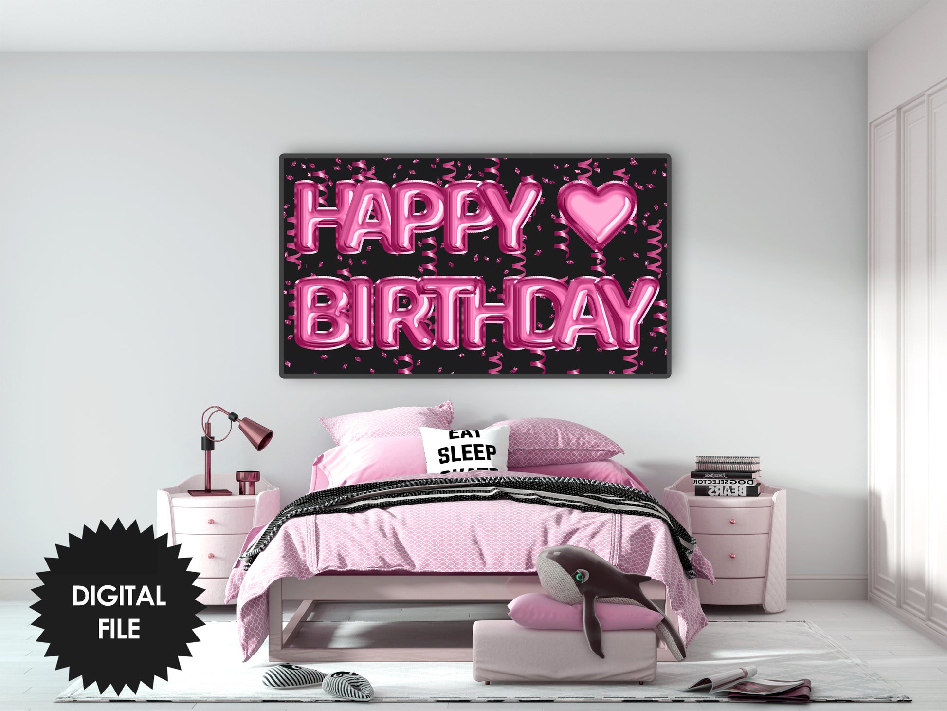 Birthday Frame TV Art, Happy Birthday Pink Foil Balloons preview in kids bedroom
