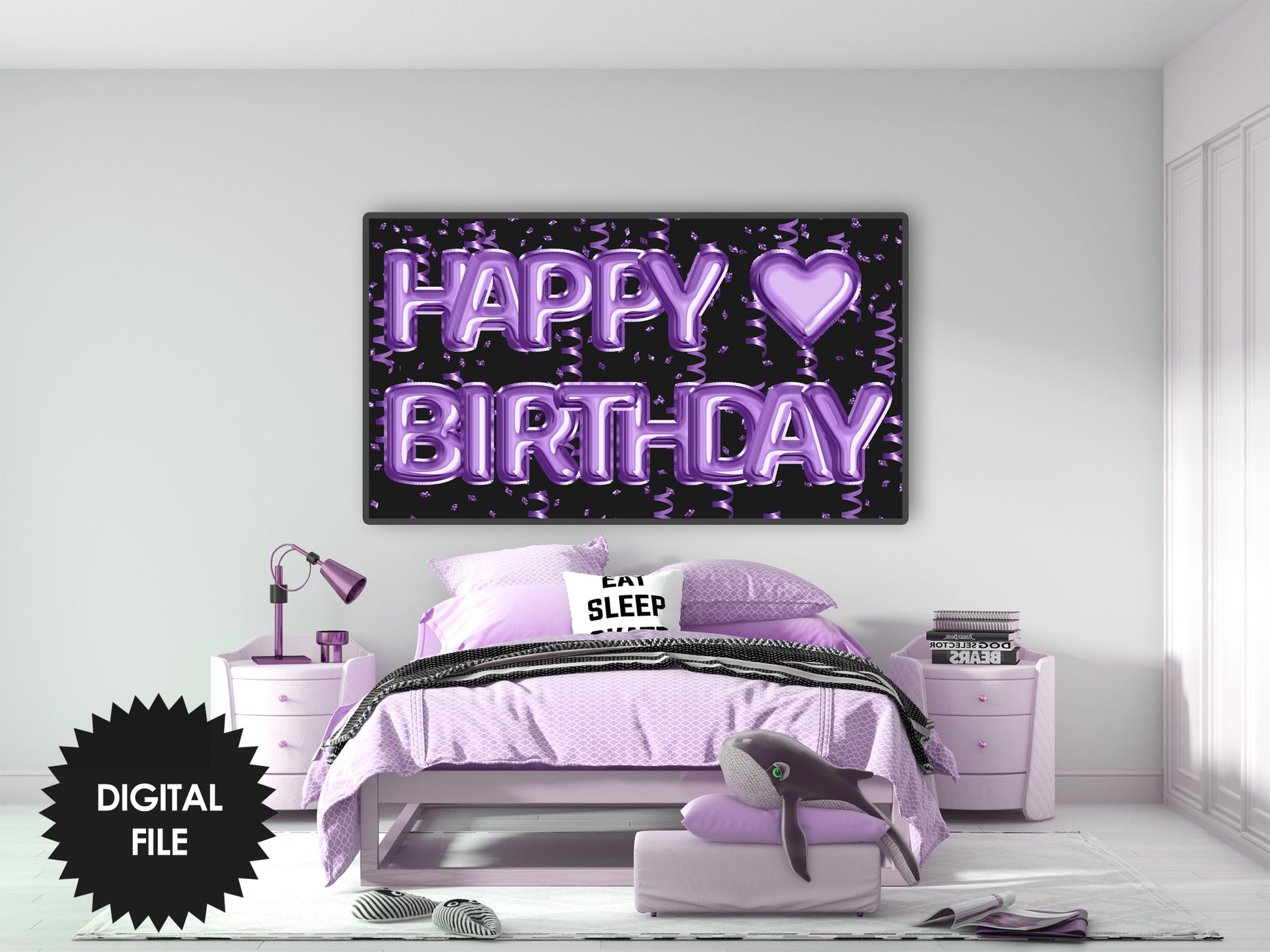 Birthday Frame TV Art, Happy Birthday Purple Foil Balloons preview in kids bedroom