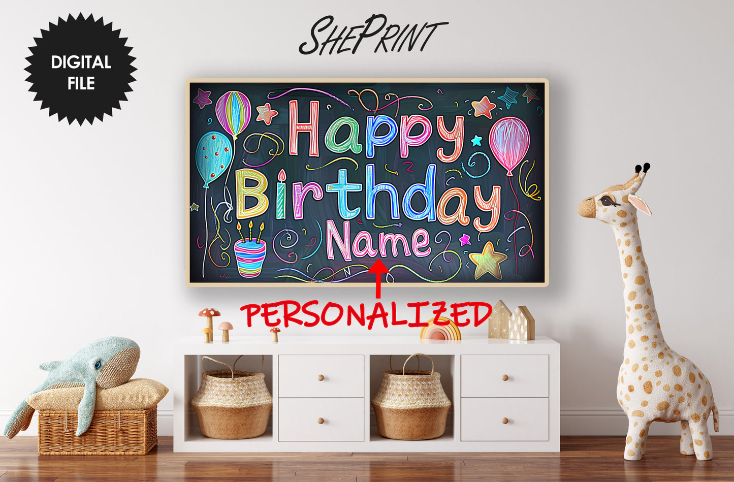 Personalized Birthday Frame TV Art For Kids | Happy Birthday Written On School-Board preview in kids room