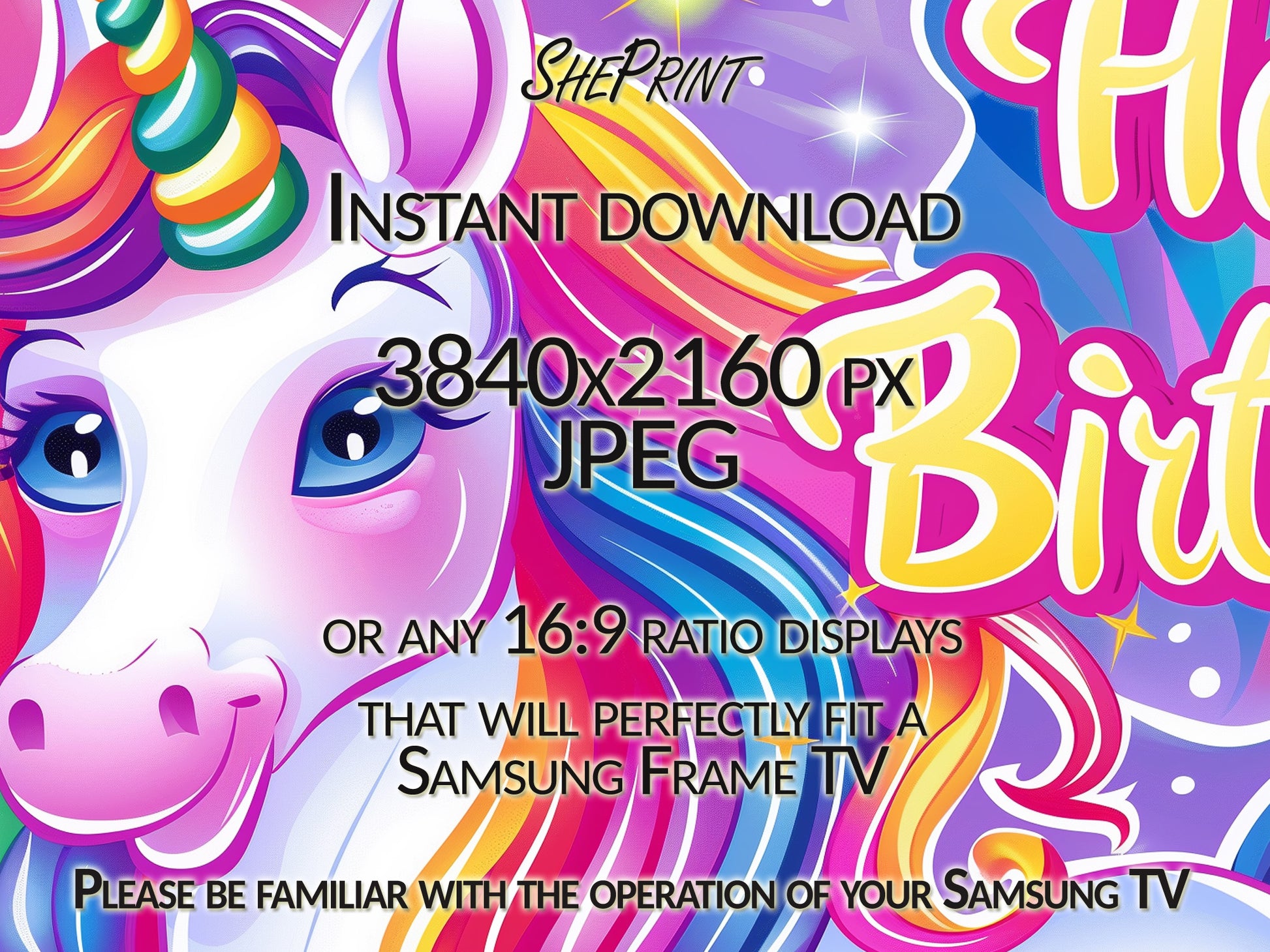 Samsung Frame TV Art For Kids | Happy Birthday Cartoon Unicorn close up view