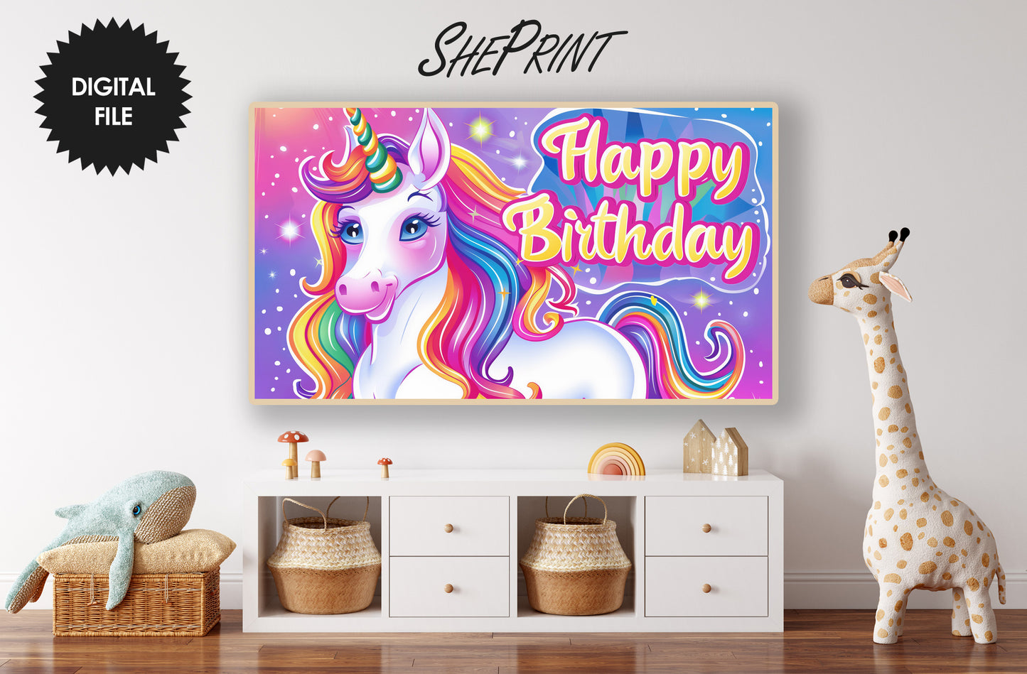 Samsung Frame TV Art For Kids | Happy Birthday Cartoon Unicorn preview in kids room