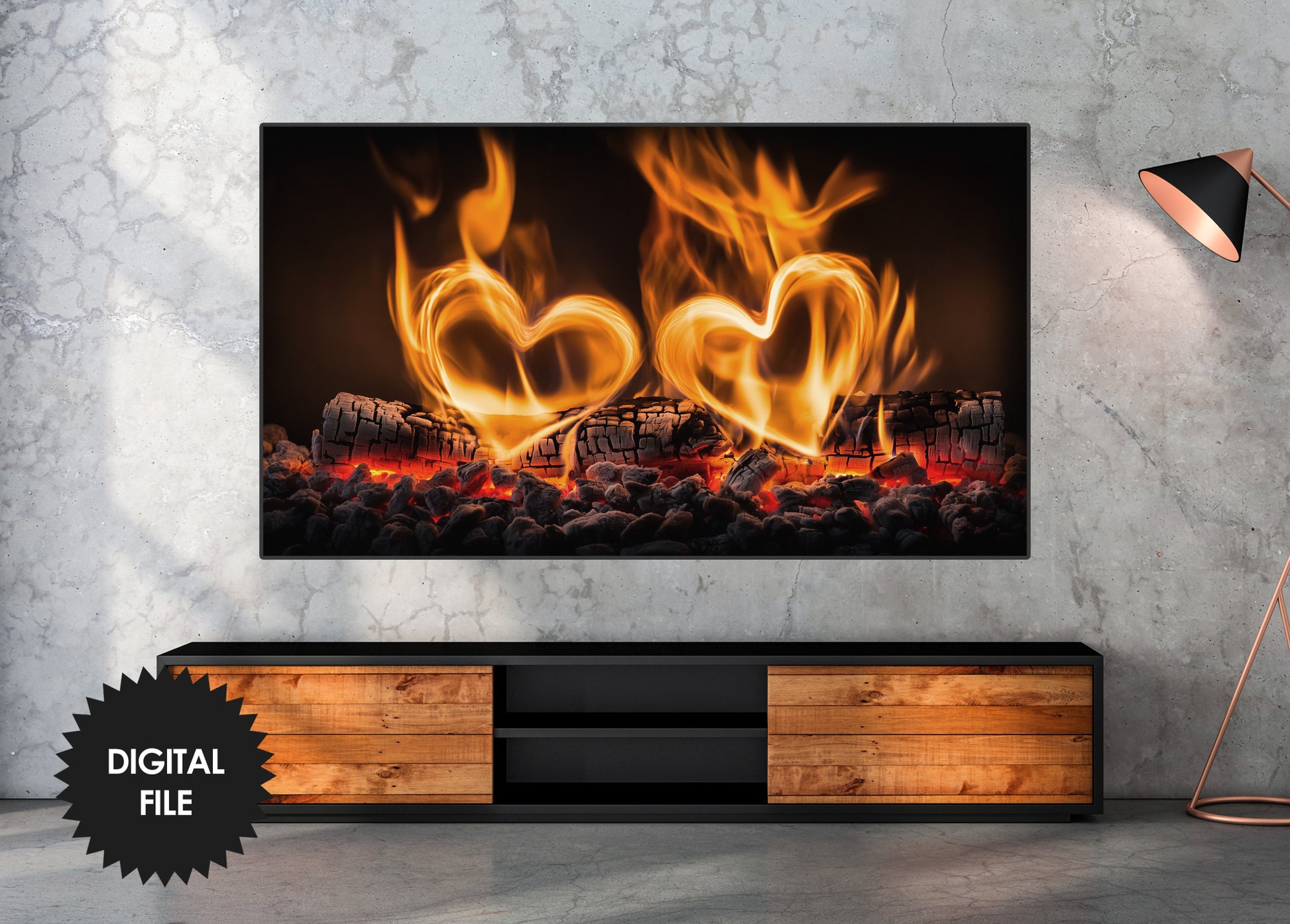 Hearts On Fire Romantic Fireplace Frame TV Art preview n rustic living room