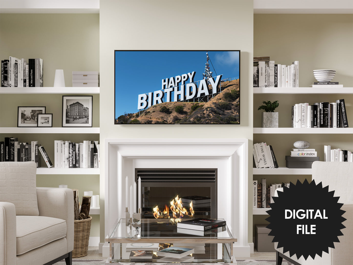 Samsung Frame TV Art | Happy Birthday Funny Hollywood Sign preview in living room