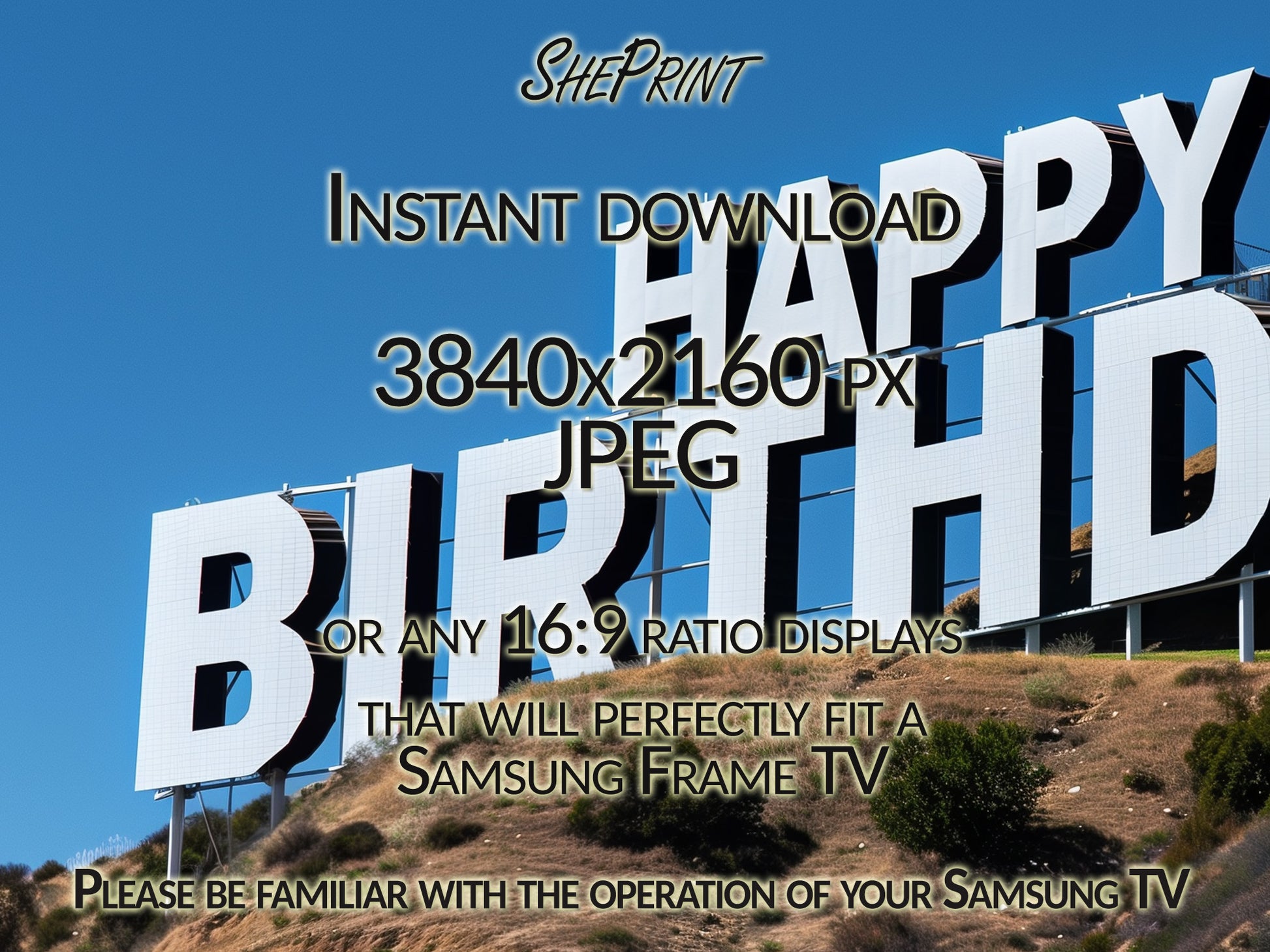 Samsung Frame TV Art | Happy Birthday Funny Hollywood Sign close up view