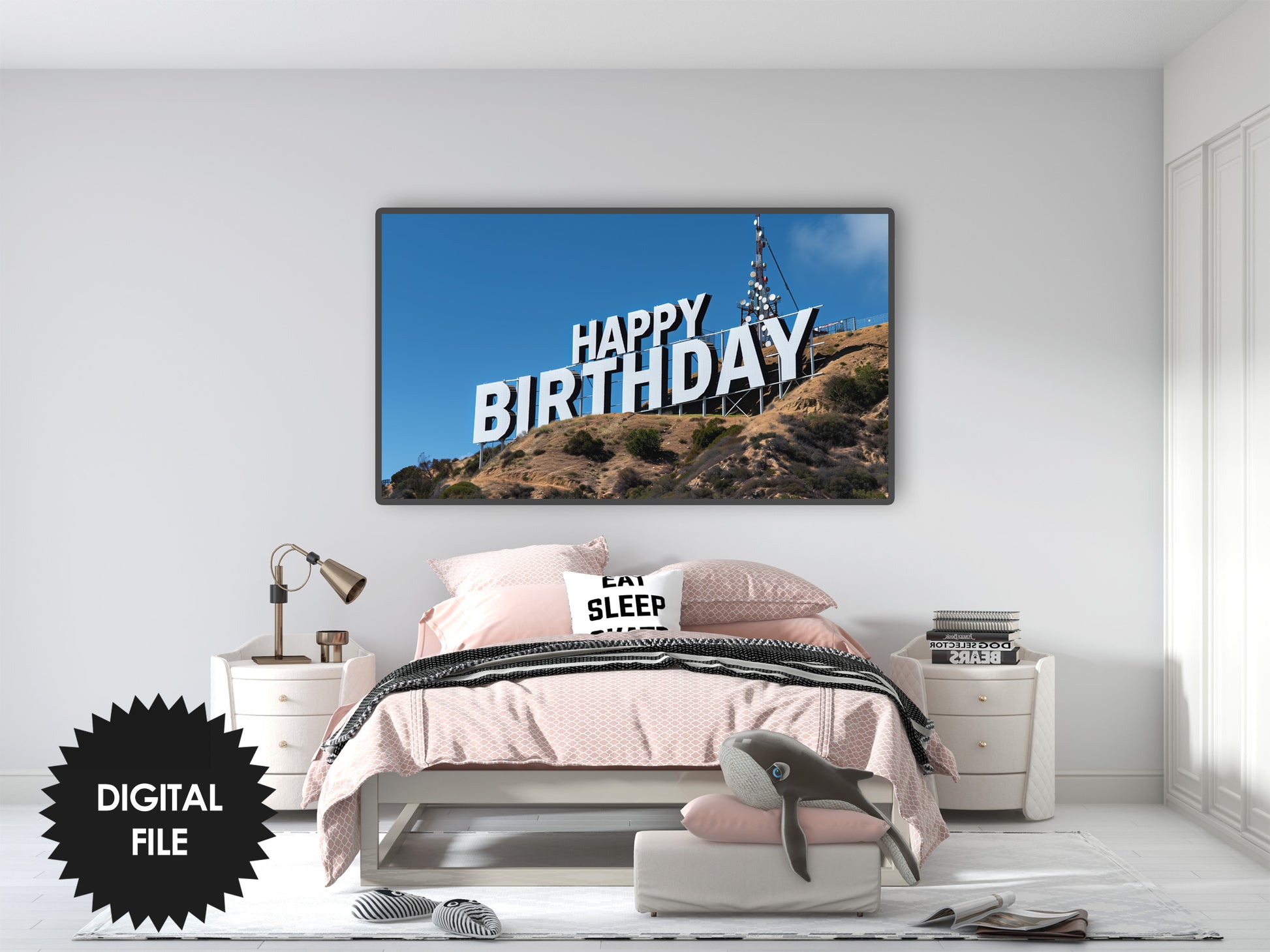 Samsung Frame TV Art | Happy Birthday Funny Hollywood Sign preview in modern bedroom