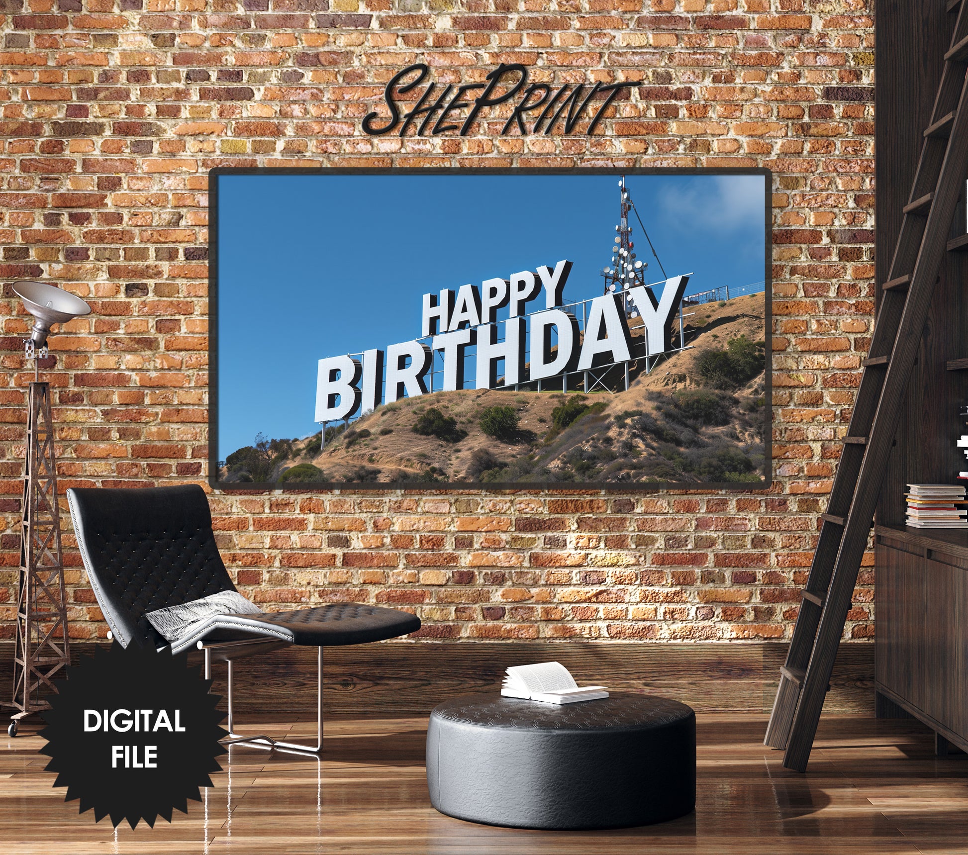 Samsung Frame TV Art | Happy Birthday Funny Hollywood Sign preview in industrial interior