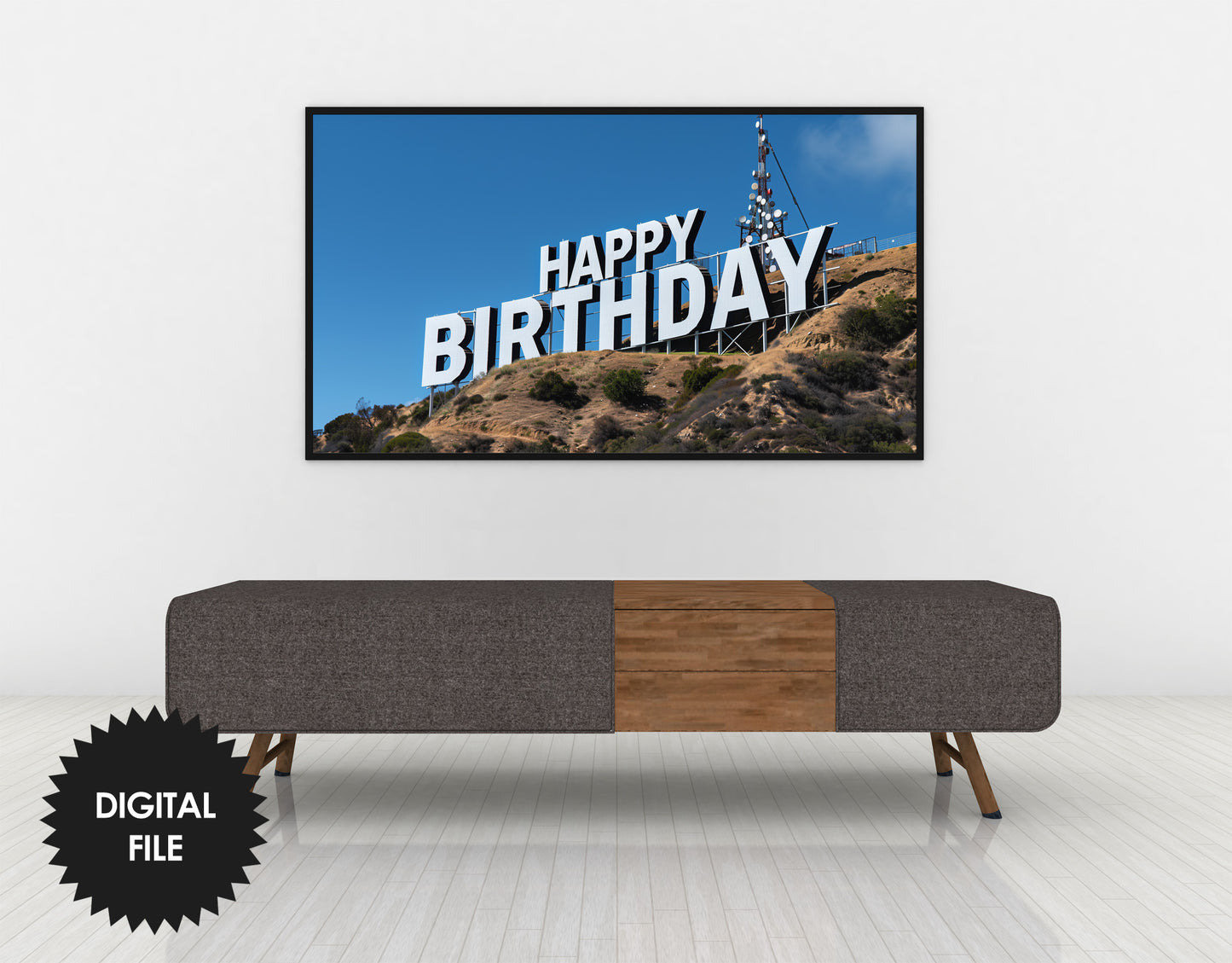 Samsung Frame TV Art | Happy Birthday Funny Hollywood Sign preview in modern ambience