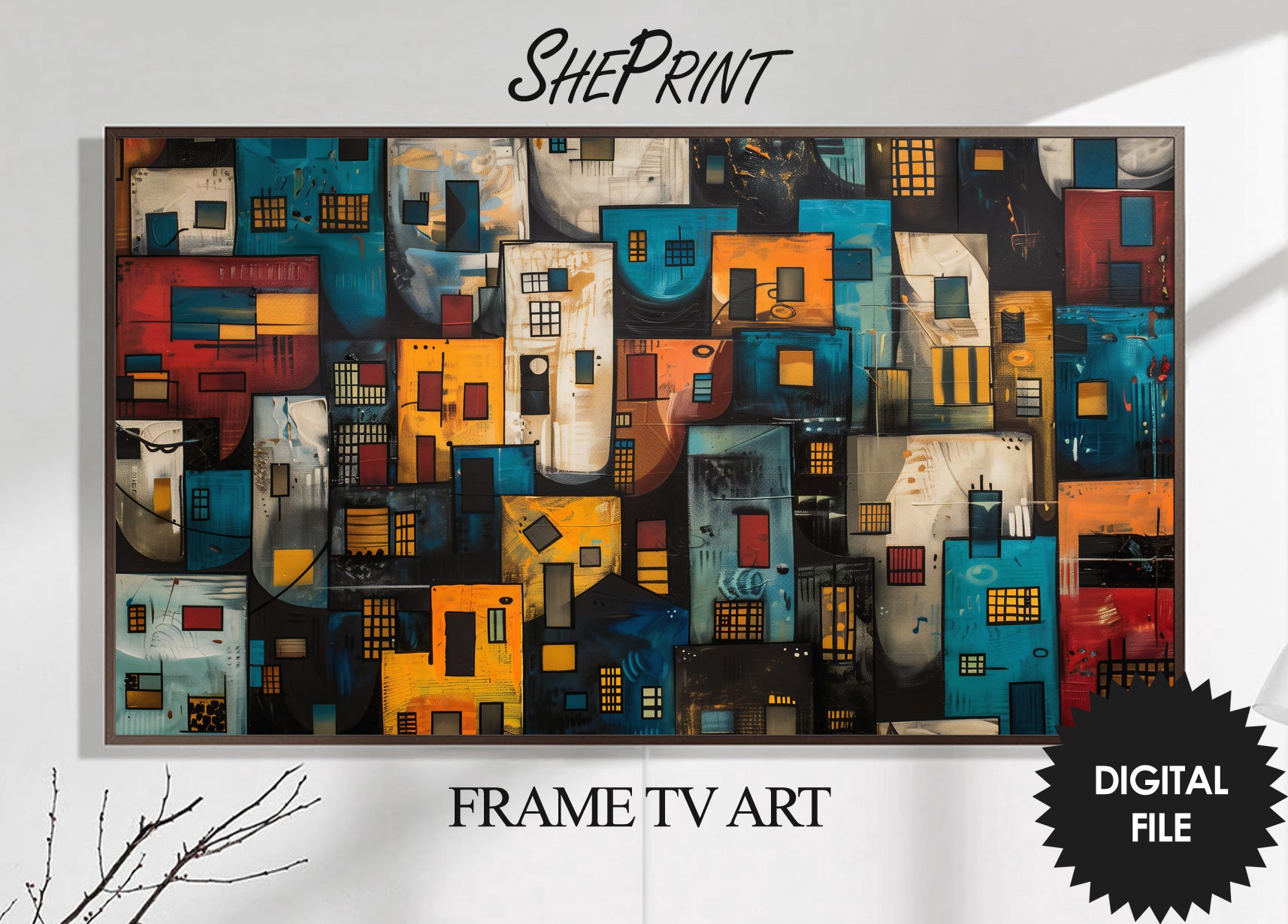 Frame TV Art, Colorful House Blocks Abstract Painting preview on wall