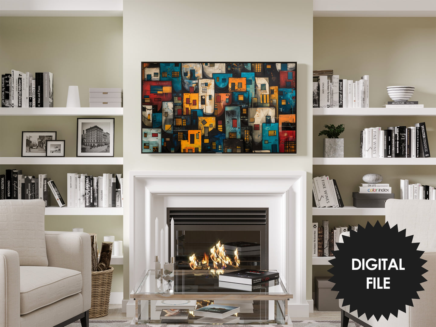 Frame TV Art, Colorful House Blocks Abstract Painting preview in modern living room