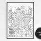 Kids Wall Print Houses, Kids Room Wall Art, Black & White Outline, 17x22 In Coloring Poster, Instant Download Image, Kids Room Poster