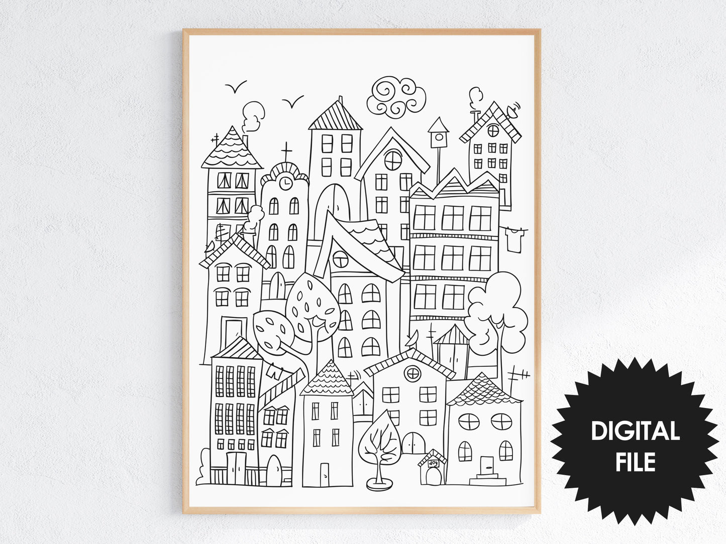 Kids Wall Print Houses, Kids Room Wall Art, Black & White Outline, 17x22 In Coloring Poster, Instant Download Image, Kids Room Poster