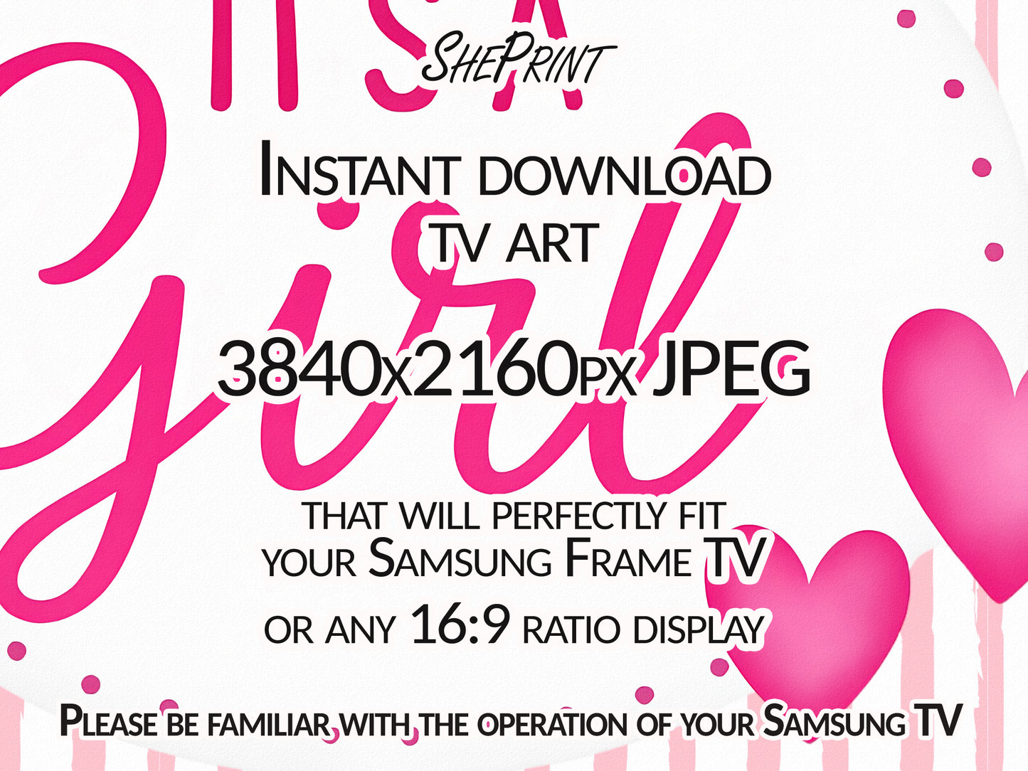 It’s a Girl Frame TV Art – Pink Baby Shower Decor | Baby Girl Digital Download close up look