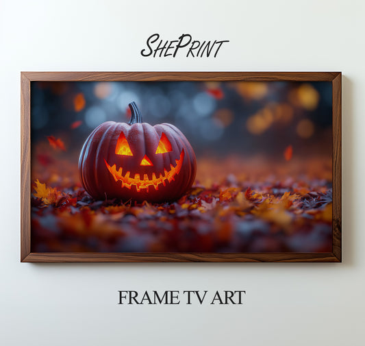 Samsung Frame TV Art, Halloween Jack O Lantern preview with wooden frame