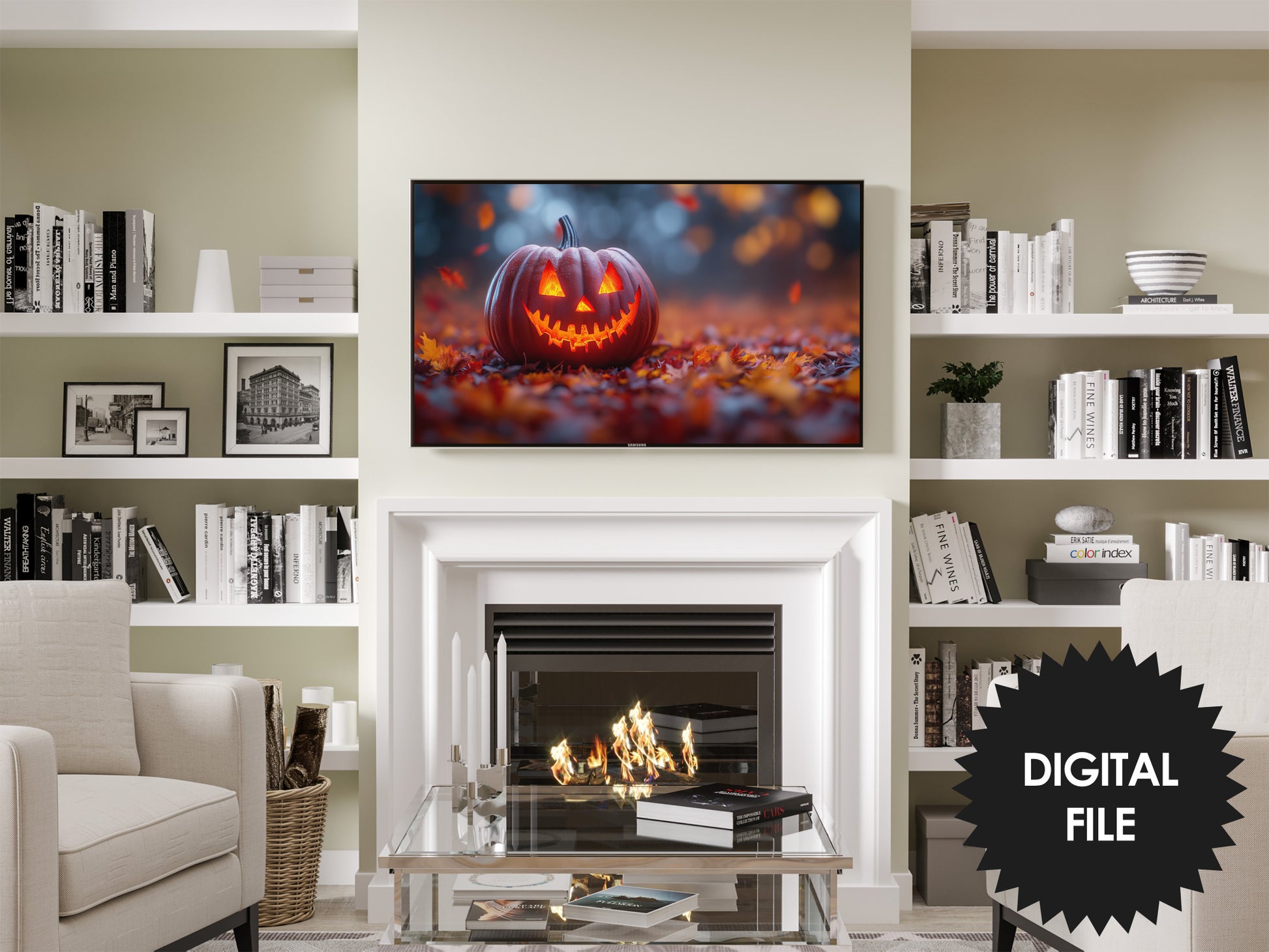 Samsung Frame TV Art, Halloween Jack O Lantern preview in modern living room