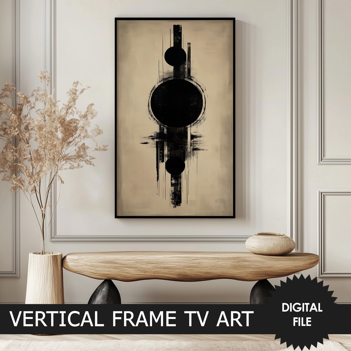 Japanese Style Vertical Frame TV Art, Japandi Abstract Art preview in Japanese styled interior