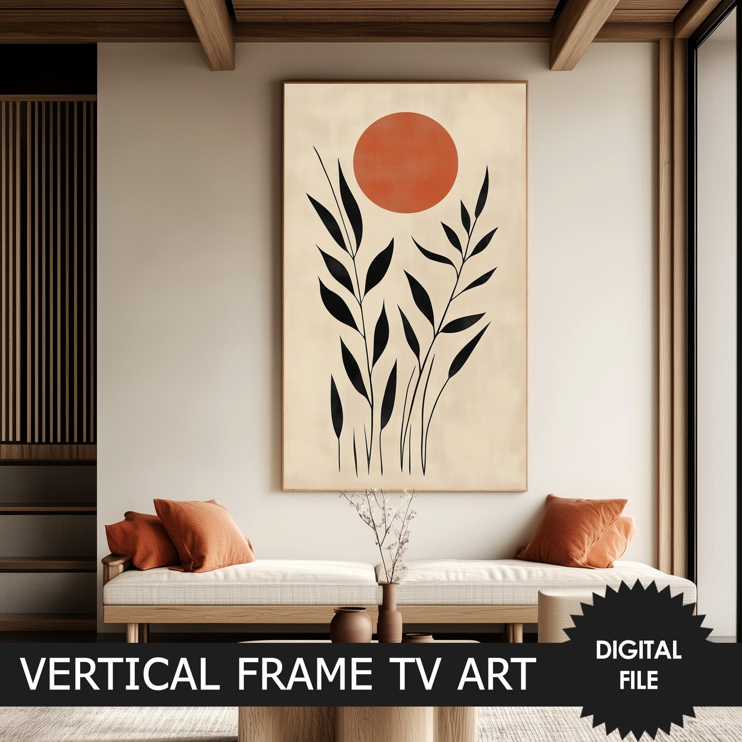 Japandi Vertical Frame TV Art, Leaves Abstract Art, preview in Japandi styled room