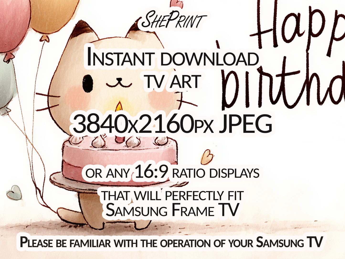 Kawaii Birthday Frame TV Art | Happy Birthday Cat Drawing close up view
