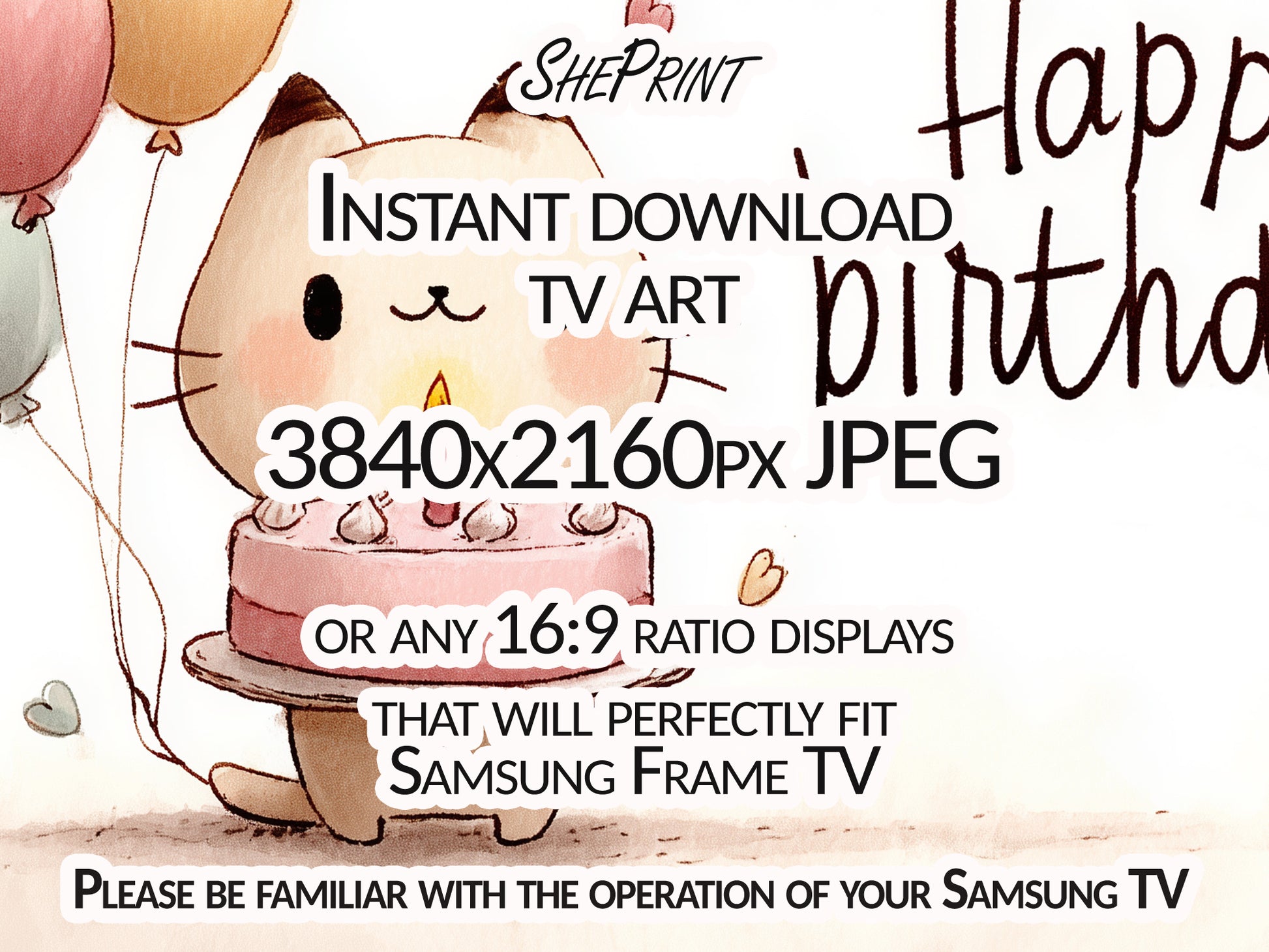 Kawaii Birthday Frame TV Art | Happy Birthday Cat Drawing close up view