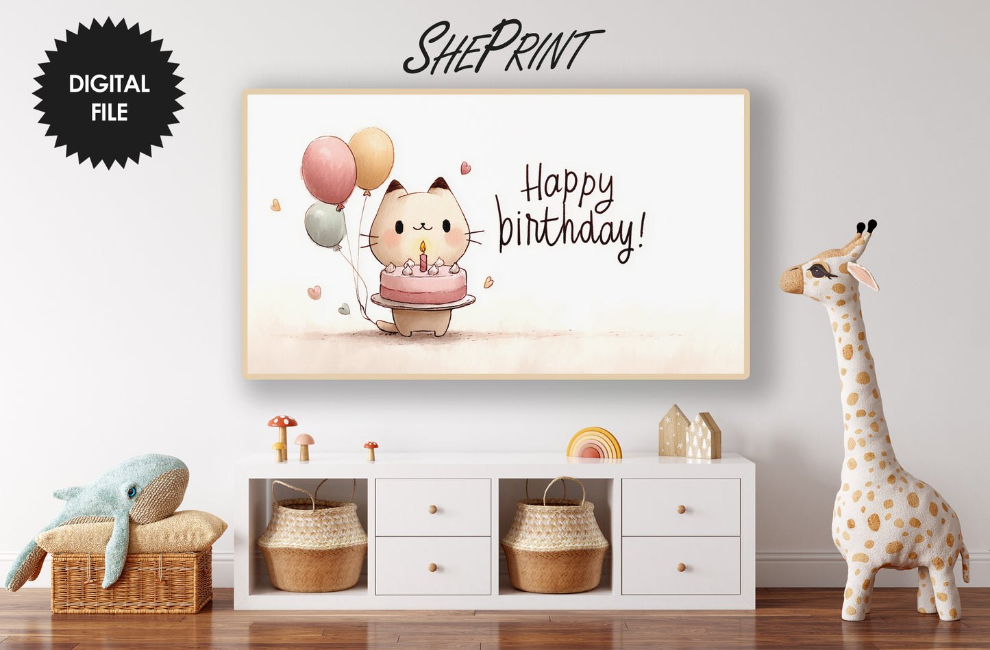 Kawaii Birthday Frame TV Art | Happy Birthday Cat Drawing preview in kids room
