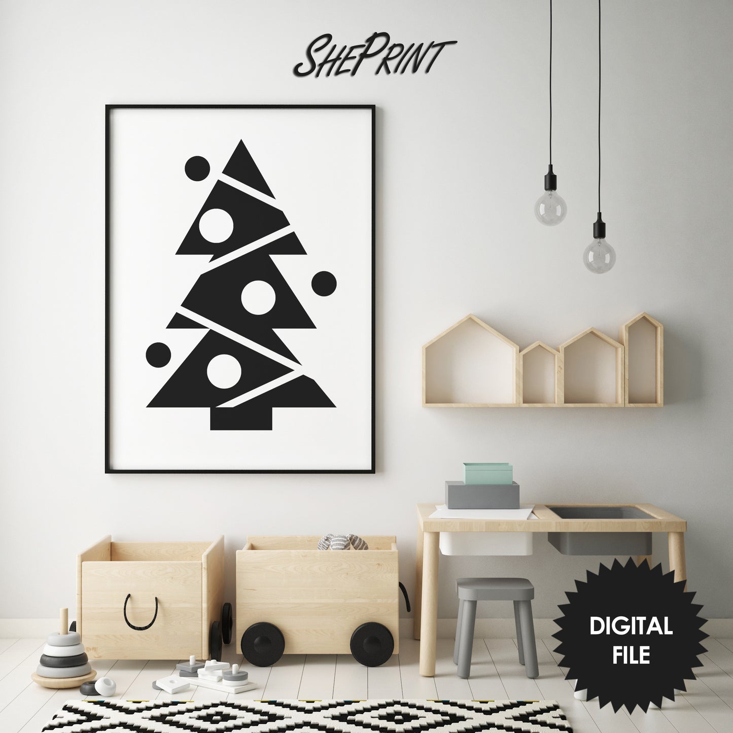 Christmas Wall Art For Kids, Set of 2, Simple Black & White Nursery Wall Art, PDF Instant Download, Print Up To 24x36 respecting ratio 2:3