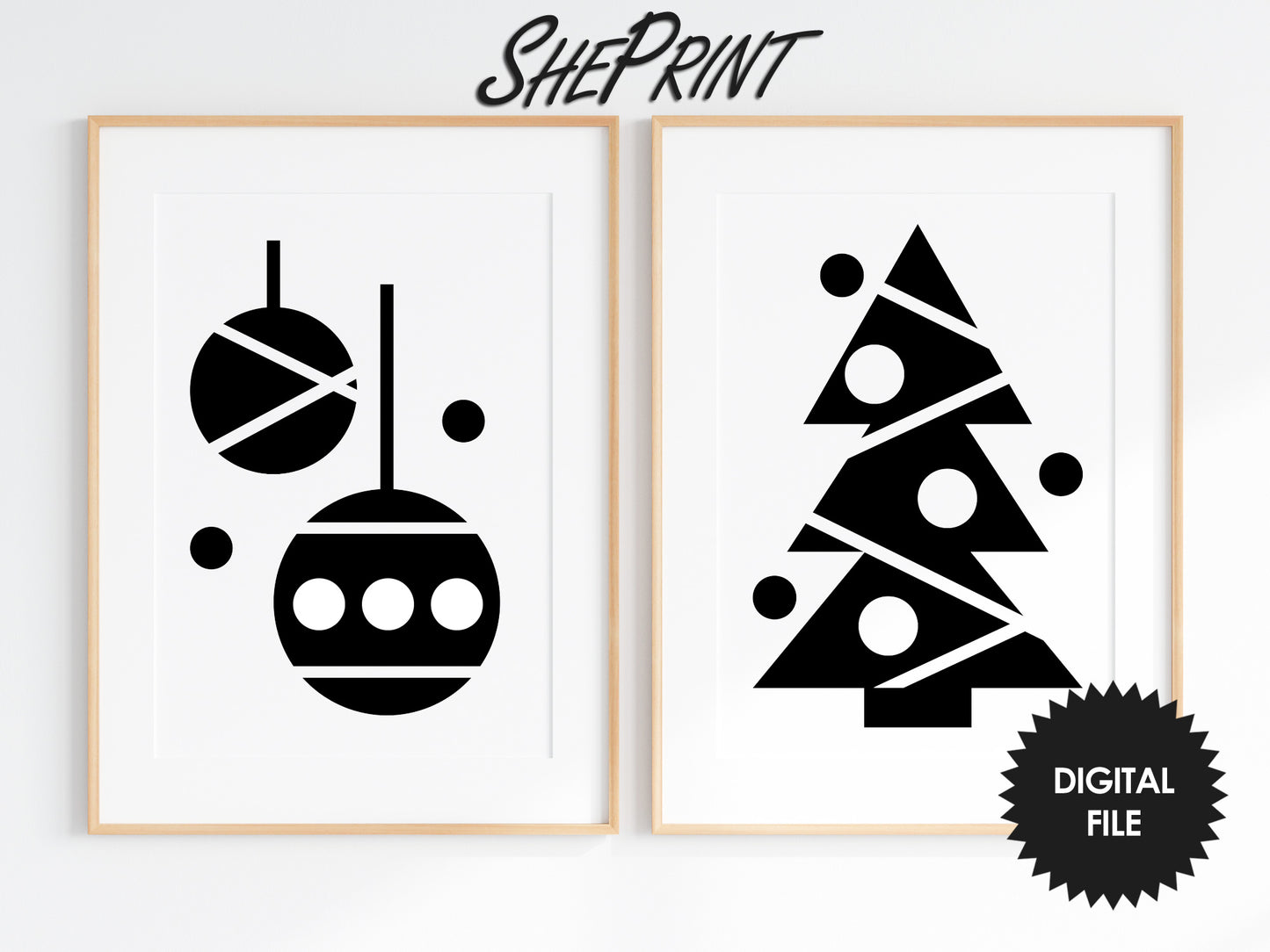 Christmas Wall Art For Kids, Set of 2, Simple Black & White Nursery Wall Art, PDF Instant Download, Print Up To 24x36 respecting ratio 2:3
