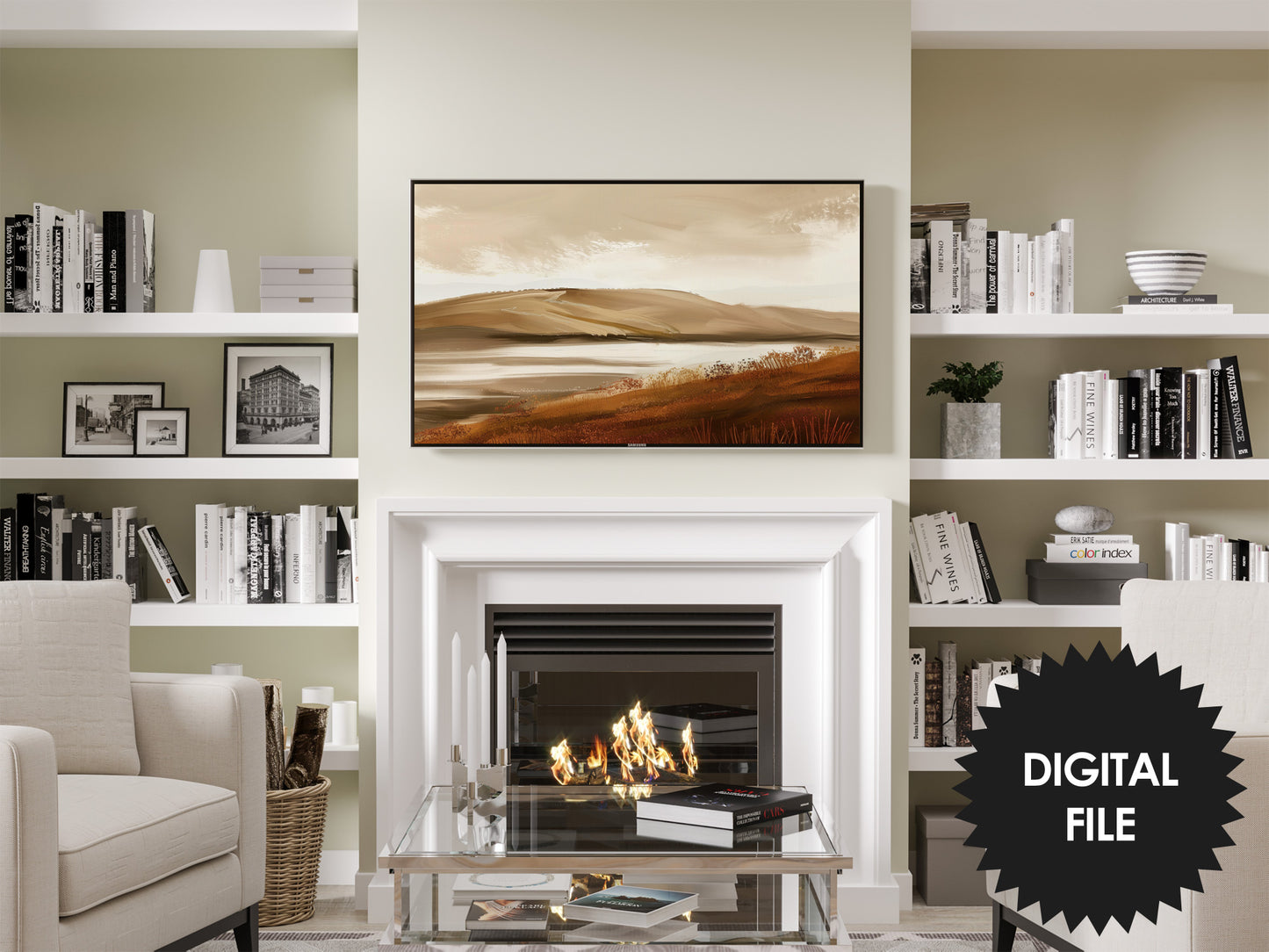 Warm Earth Tones Landscape Frame TV Art preview in modern living room