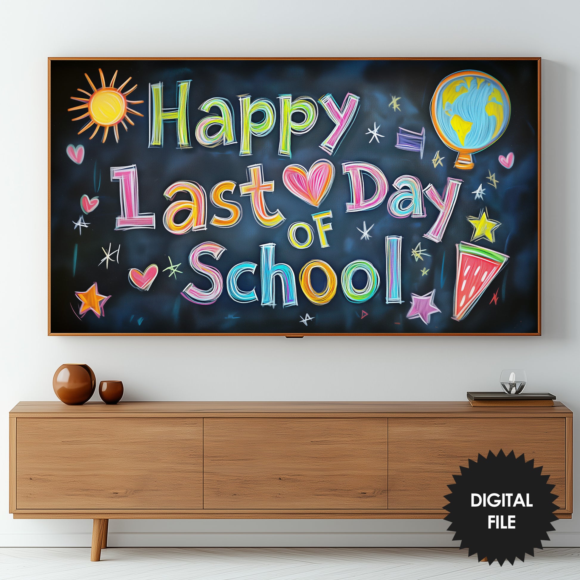 Last Day of School Frame TV Art – Kids Celebration Chalkboard Style preview in living room