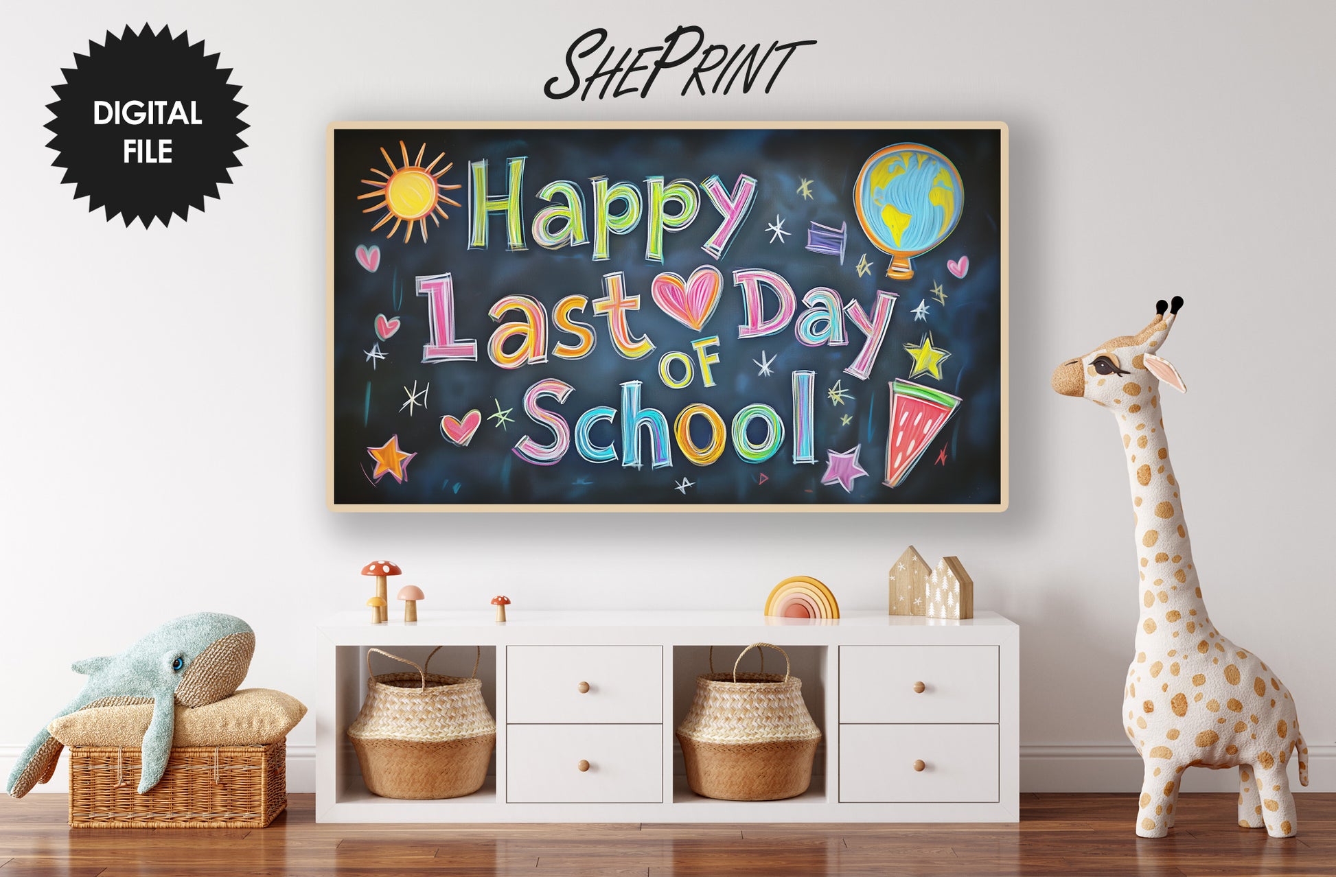 Last Day of School Frame TV Art – Kids Celebration Chalkboard Style, preview in kids room