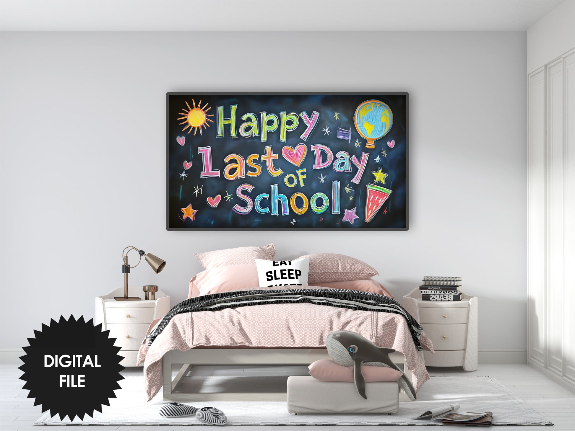 Last Day of School Frame TV Art – Kids Celebration Chalkboard Style, preview in teen room